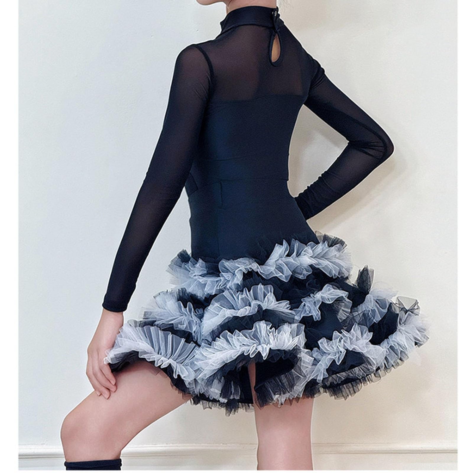 MEECHI Mädchen Latein Tanzkleid, Kinder Mesh Langarm Leotards Und Tüllrock Girls Wettbewerb Performance Dance Dress Tanzoutfit Für Rumba Samba Cha Cha Tango