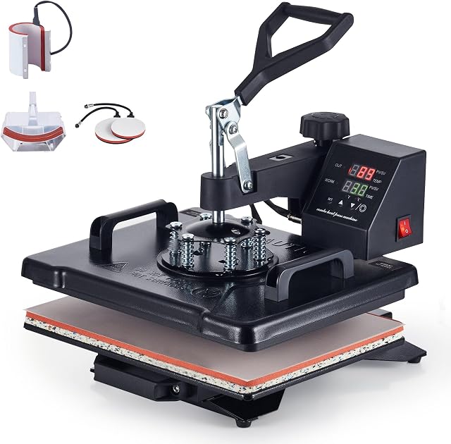CREWORKS 30x38cm 5-in-1 Heat Press Machine Professional Swing Away Heat Press for T Shirt Cup Hat Mask Cap Plate Mouse Pad Tote Bag Pillow Case Coaster Ceramic Tile for Home Charity or Business