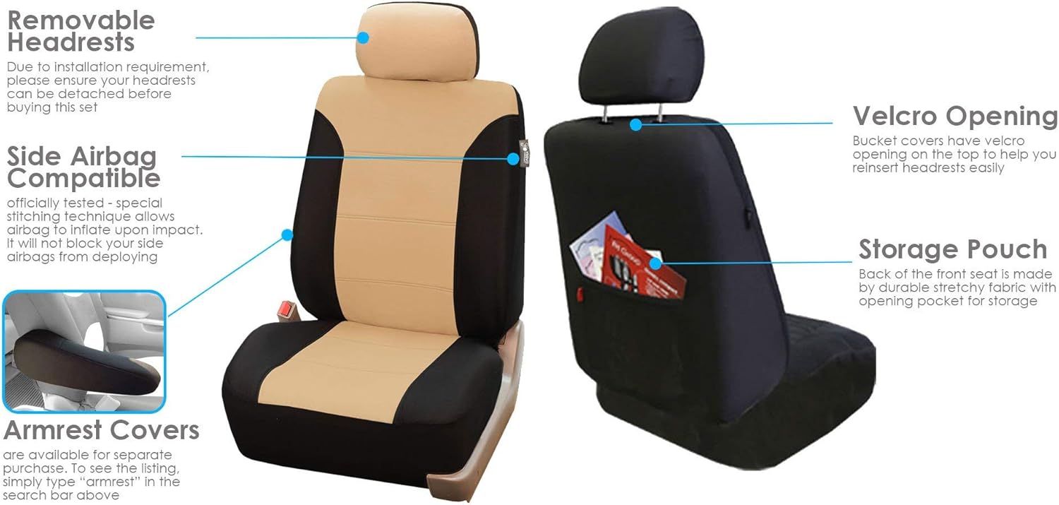FH Group Car Seat Covers Classic Khaki Full Set Automotive Seat Covers Beige, Airbag and Split Rear Car Seat Cover Universal Fit Interior Accessories for Cars Trucks and SUV Car Accessories