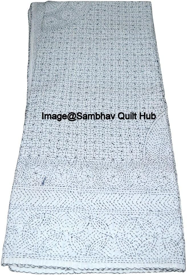 Queen/Twin Indian Traditional Heavy Stitch Kantha Quilt Pure Cotton White Quilt Queen Bedding Throw Blanket Bedspreads Quilting Kantha Home Decorative Quilt (60X90 inches)