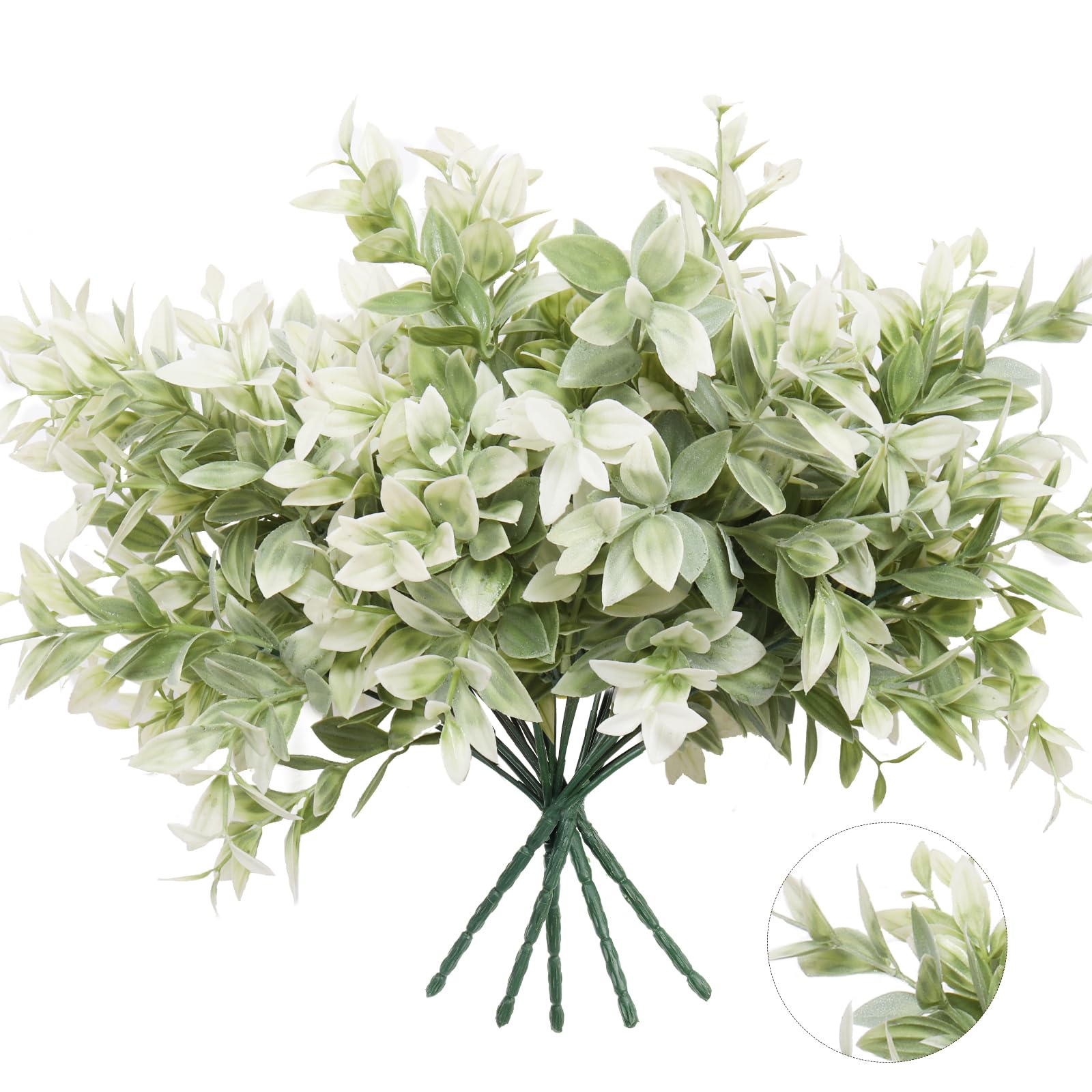RECUTMS Outdoor Fake Plants, Fake Greenery Stems Plant Artificial Outdoor Shrubs UV Resistant Artificial Garden Outdoor Plastic Plants for Front Porch Home Backyard Indoor Outside Decor 6Pcs (White)