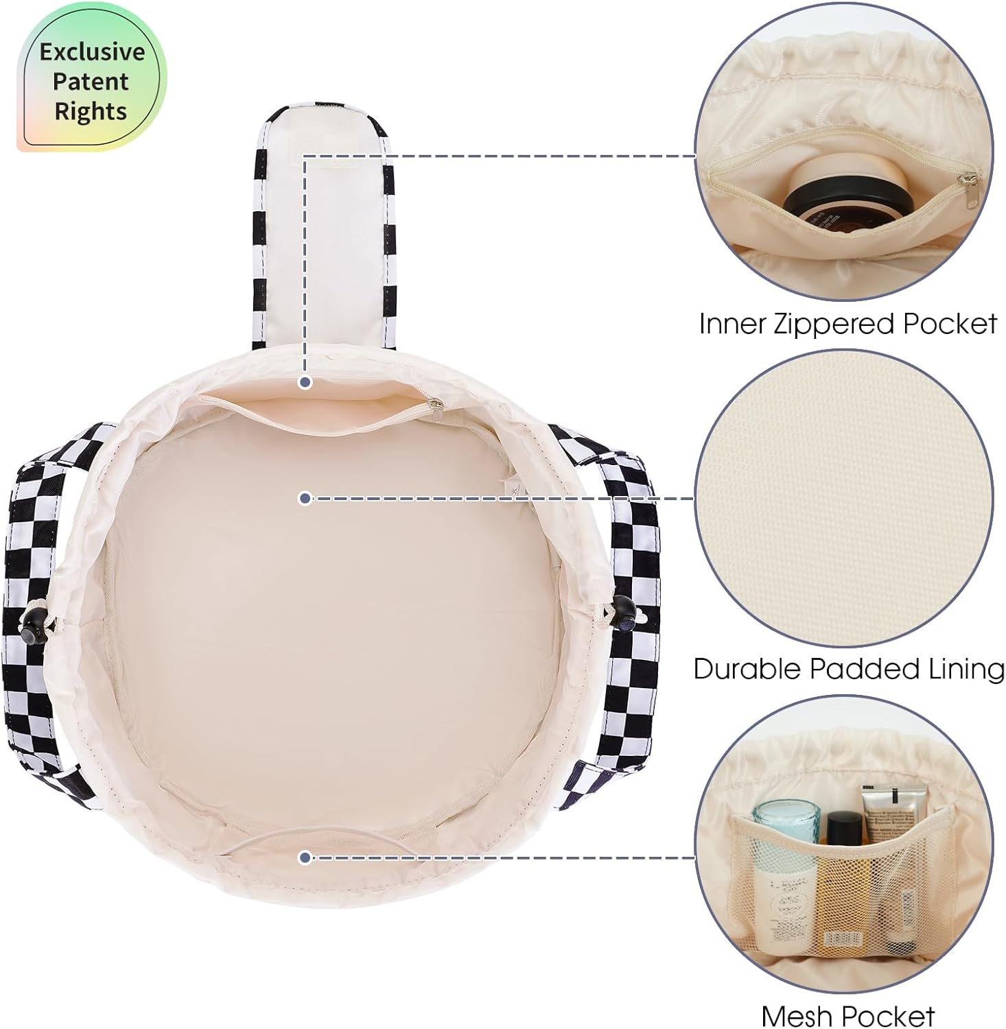 Narwey Barrel Drawstring Checkered Makeup Bag Large Cosmetic Bag Make up Bags Toiletry Bag Travel Bags for Toiletries Organizer for Women Gift for Teen Girls (Black Checkerboard) (Patent) - Image 5