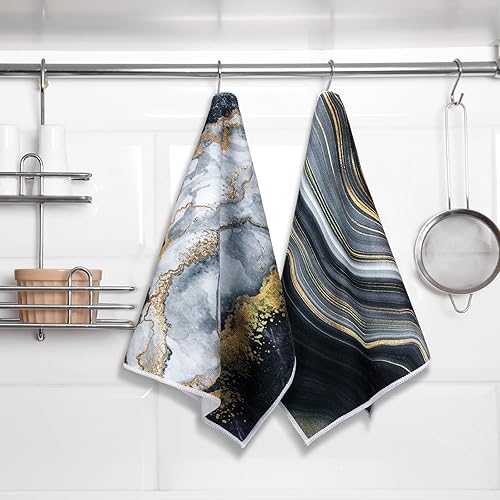 Miniatura 7 de Boyiee Juego de 6 paños de cocina de mármol dorado y negro, paños de cocina absorbentes de 24 x 16 pulgadas, regalos de cocina, toallas de mano,