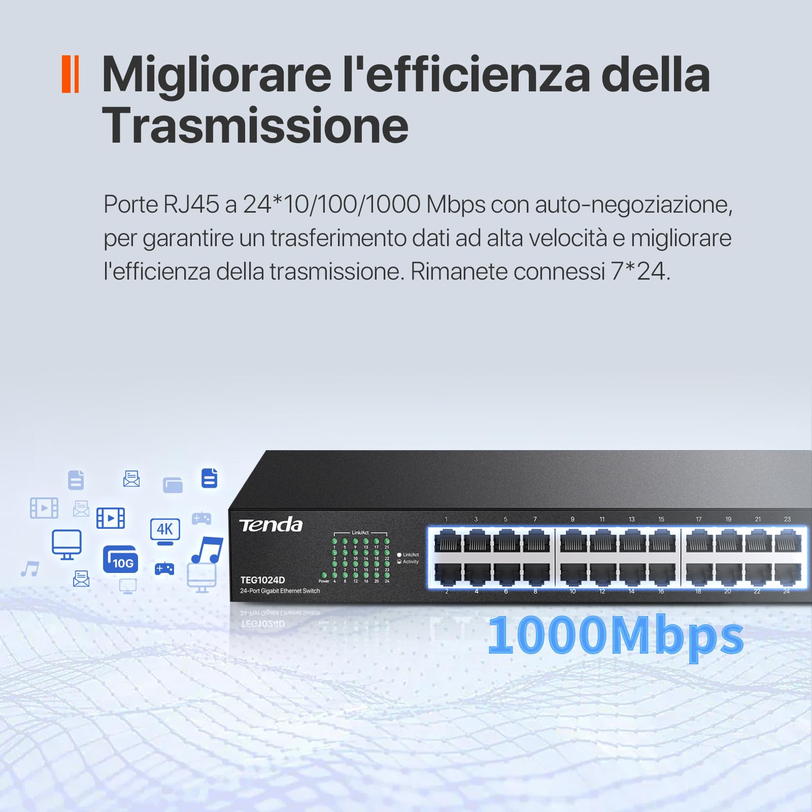 Tenda TEG1024D Switch Ethernet 24 Porte Gigabit, Switch Rete 10/100/1000 Mbps, Montaggio Desktop/Wall/Rack, Protezione Contro i fulmini, Funzionamento Silenzioso, Plug & Play, Metallo