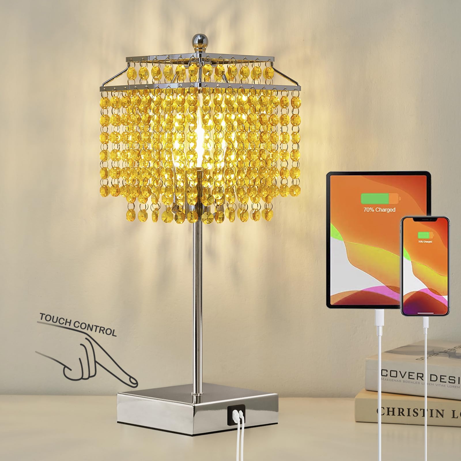 Luvkczc Crystal Table Lamp with Touch Control, Bedside Crystal Table Lamp with USB C+A Ports, Dimmable Lamp for Girls Bedroom, Living Room, Light Yellow &amp; B11 LED Bulb Included