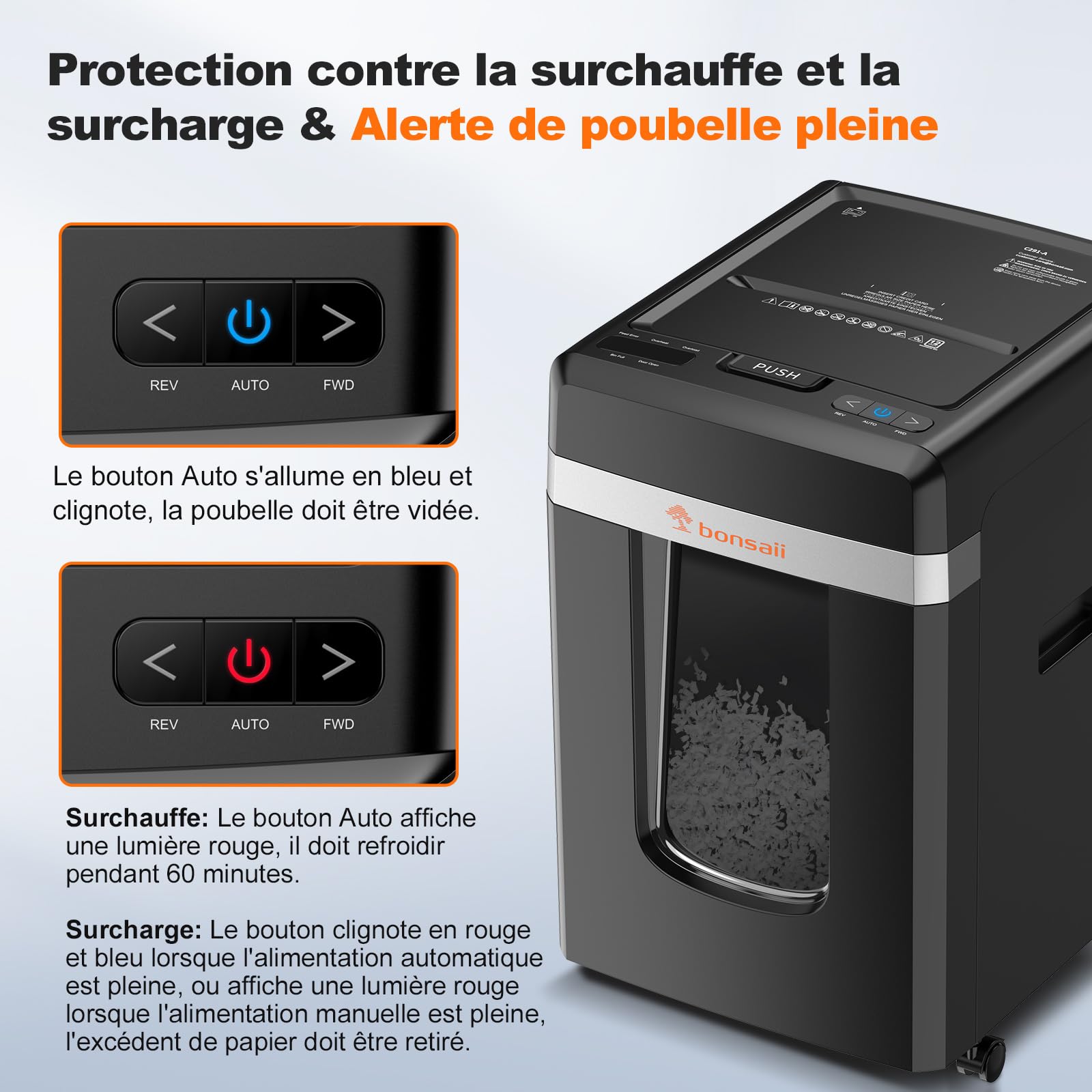 Bonsaii Destructeur de Documents Micro-Coupe P-4, Alimentation Automatique 300 Feuilles, 60 Min Continu, Bac 31L, C291-A