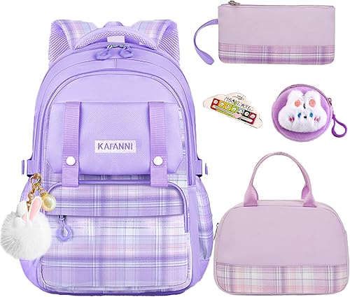 Juego de 6 mochilas kawaii, mochila púrpura a cuadros para laptop, resistente al agua, ligera, mochila escolar de gran capacidad, mochila de doble