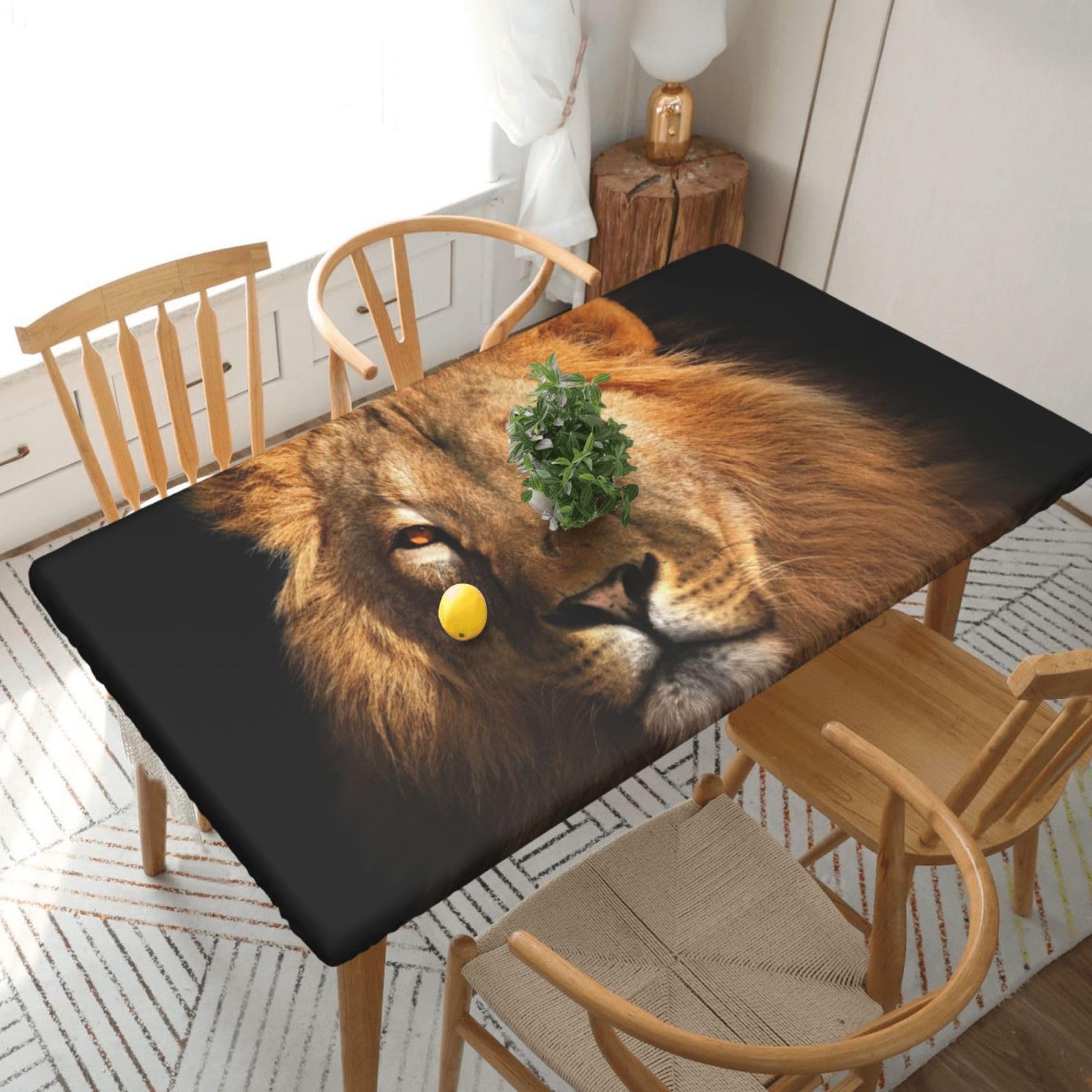 DCEHGEW Elastic Fitted Rectangle Tablecloth for 5ft Tables, African animal lion Printed Oilproof & Washable Fabric Picnic Table Cloth Table Covers