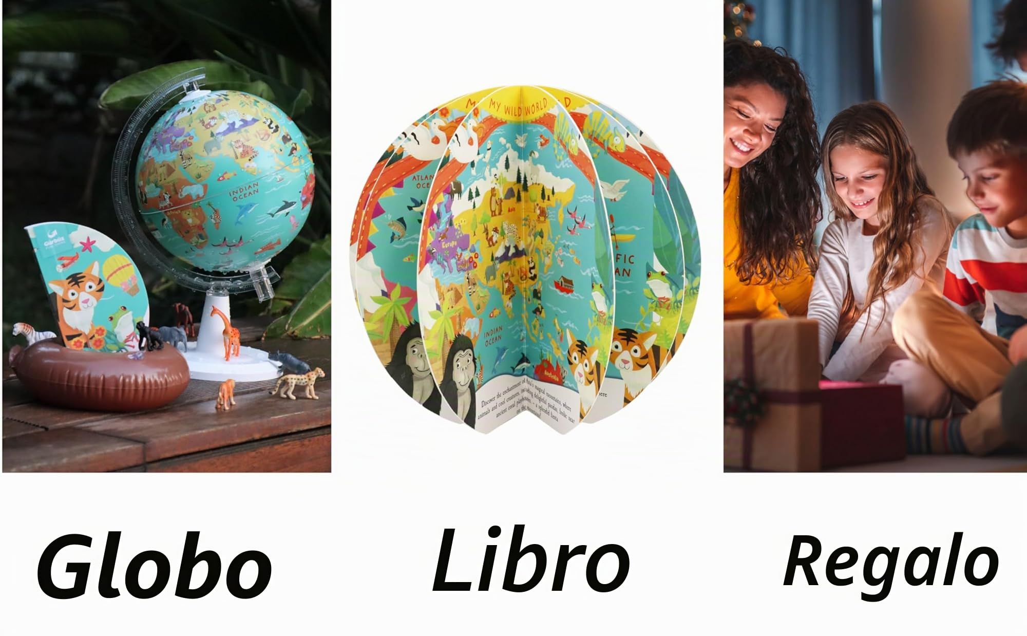 EXERZ Globo terráqueo de 20 cm con libro “Mi mundo salvaje”, 16 páginas. Girar, dar vueltas, jugar, leer y descubrir sobre los animales de la Tierra