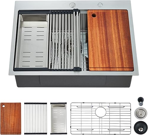 Fregadero de cocina de 25 x 22 pulgadas, fregadero de acero inoxidable con estación de trabajo de un solo tazón, con tabla de cortar, para cocina,