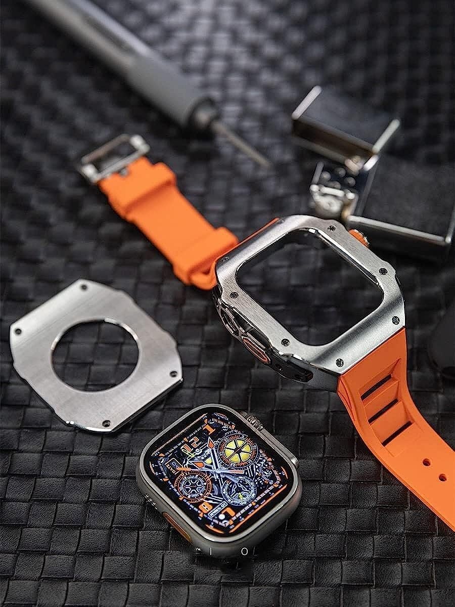 Titanium Alloy Watch Case Soft Rubber Exercise Band，For Apple Watch Ultra 49mm Series Watch，Rm Style Fluoroelastomer Strap And Butterfly Clasp Full Protection Bezels Mod Kit