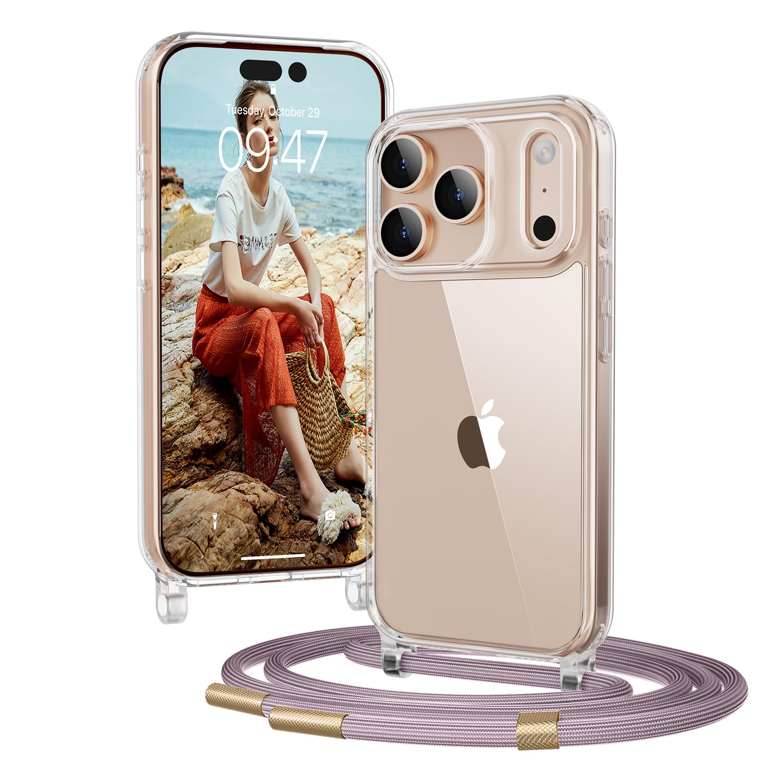 OLEPHY Handykette für iPhone 17 Pro Hülle mit Band, Necklace Handyhülle, Transparente Schutzhülle zum Umhängen [Verstellbarem und Demontage Umhängeband], Roségold