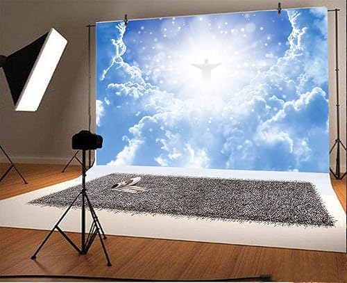 Miniatura 2 de Leyiyi Fondo de fotografía de Jesucristo en el cielo, 7 x 5 pies, paraíso Dios, lugar, nube, bokeh, halos, spot sagrado, telón de fondo, feliz