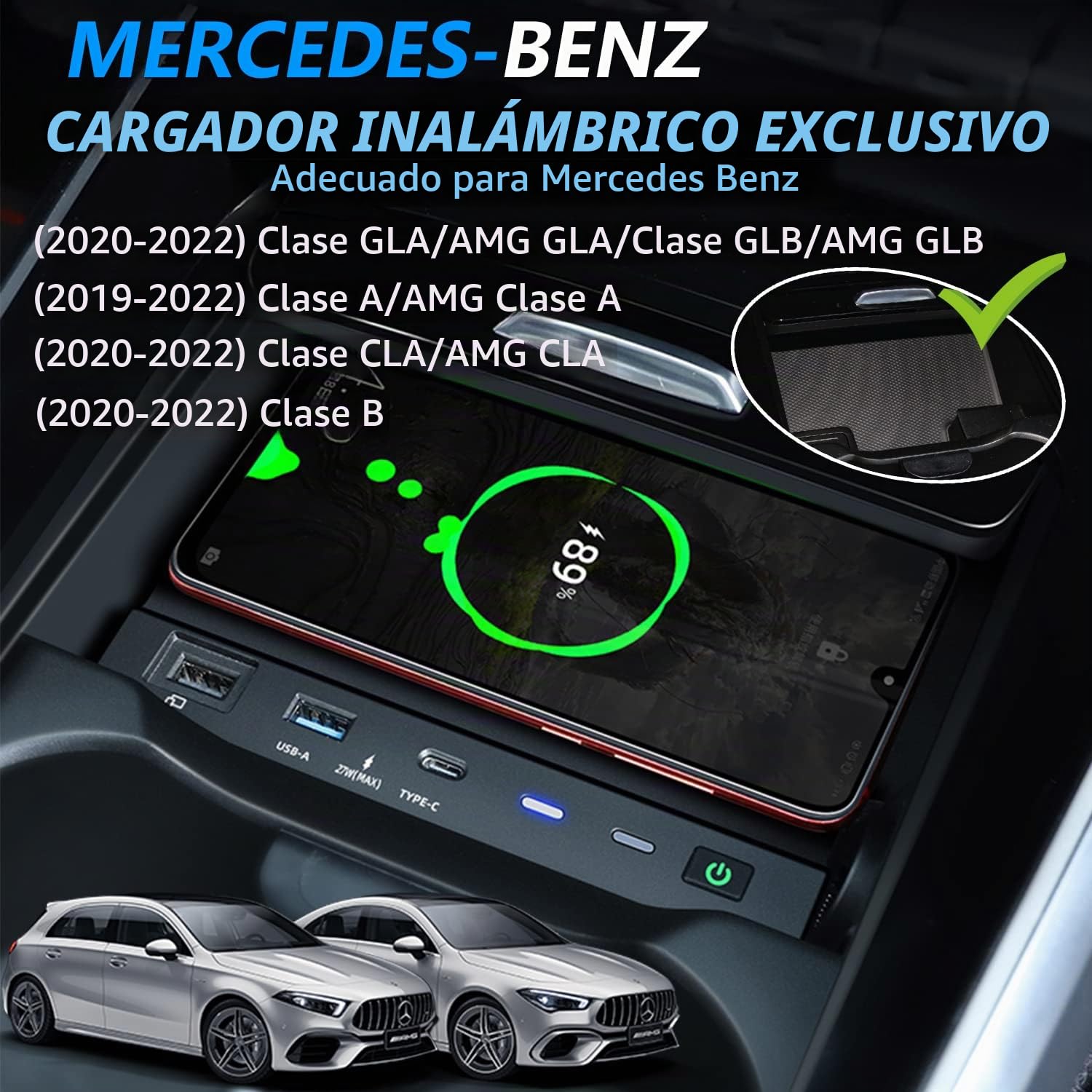 Cargador Inalámbrico Coche para Mercedes-Benz A-Class GLA B-Class GLB CLA AMG 2020-2022, 15W Qi Carga Rápida Auto Teléfono Cargador para Mercedes-Benz W177 H247 C118 W247 X247 Accesorio