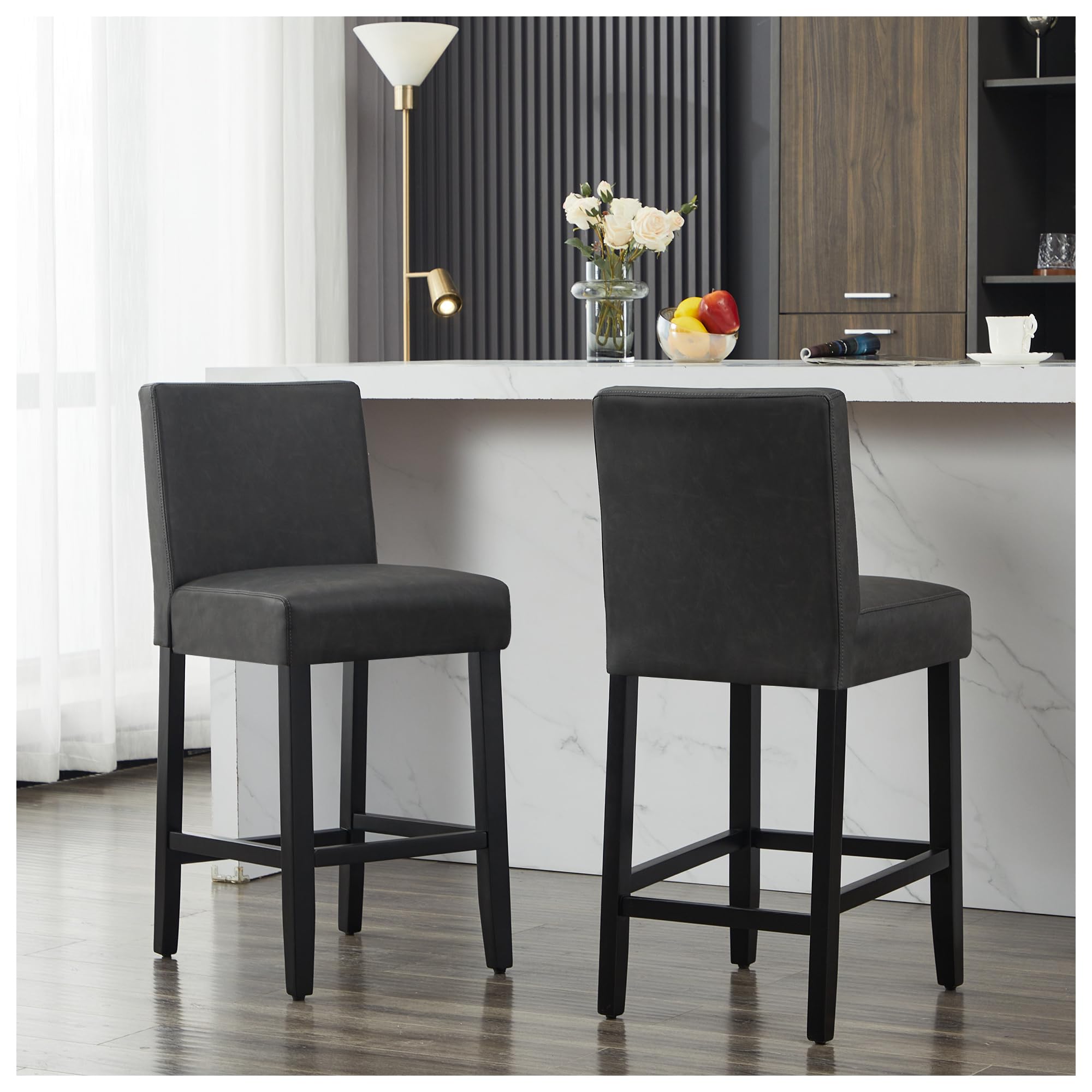 26'' Faux Leather Bar Stools Set of 2, Modern Upholstered Bar Height Bar Chairs, Soild Wood Legs Barstools with Back, Black