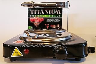 HookahHarmony Hookah Charcoal Coco Burner 1100 Watt Hot Plate FREE Titanium Coals + Shisha Tongs Black Electric Nara Heater Single Coil Stove
