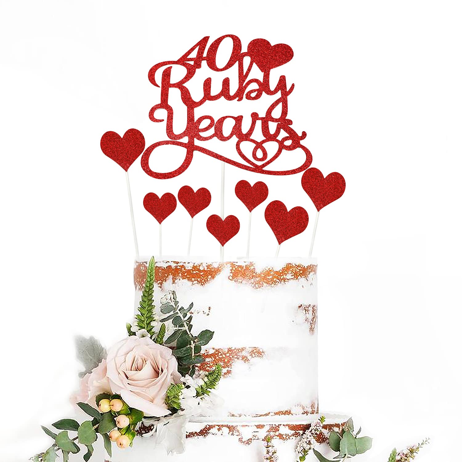 Wancala40th Wedding Anniversary Cake Toppers - Glitter 40th Ruby Years Weddding Anniversary Heart Cake Decoration for Celebration Party Supplies