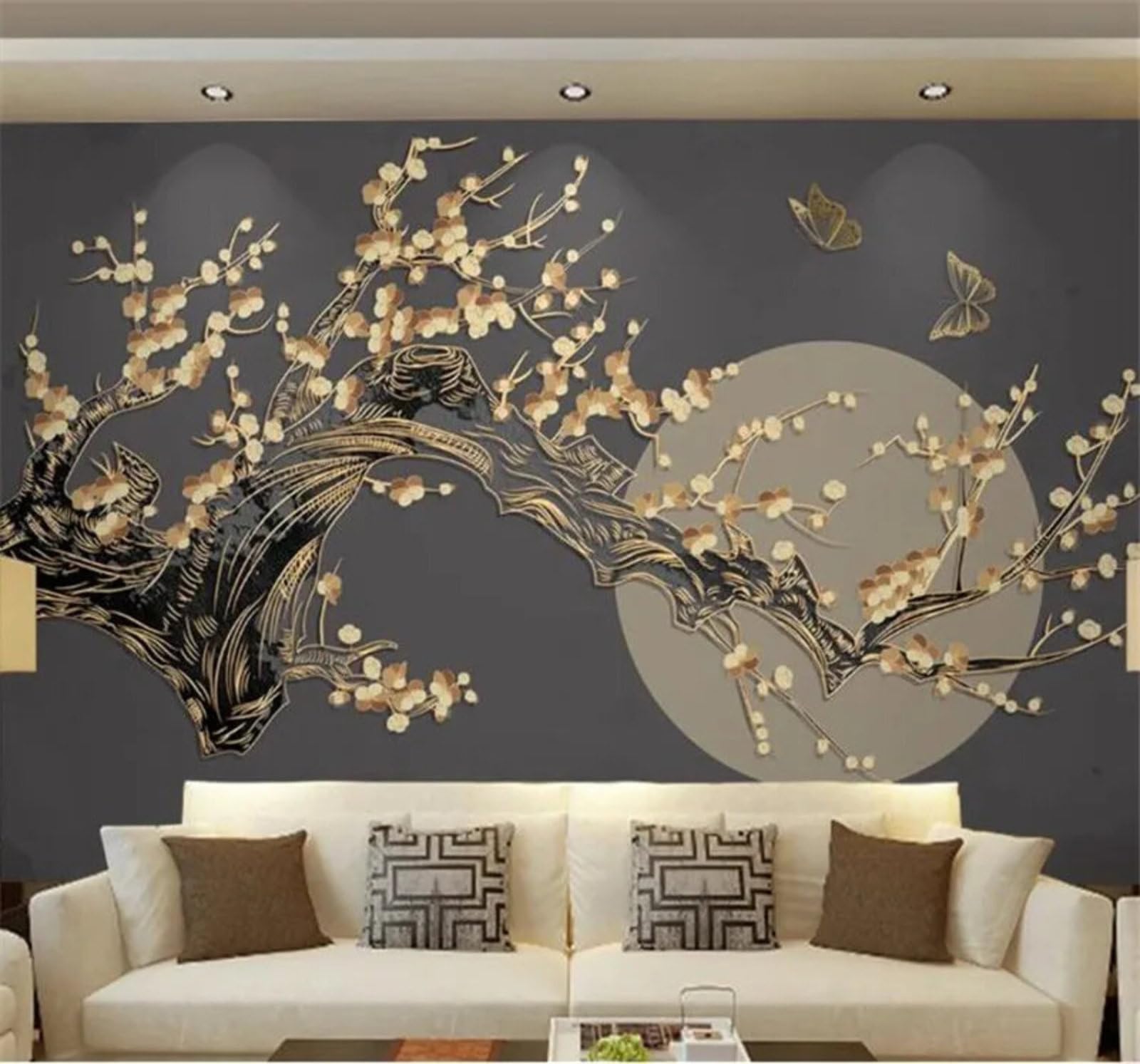 Xlming 250Cm×170Cm(B×H) Vintage Relief Gold Plum Blossoms Full Moon Butterflies 3D Wallpaper Silky Texture Home Study Office Grey Dining Room Sofa Bedroom Living Room Tv Backdrop-250Cm×170Cm