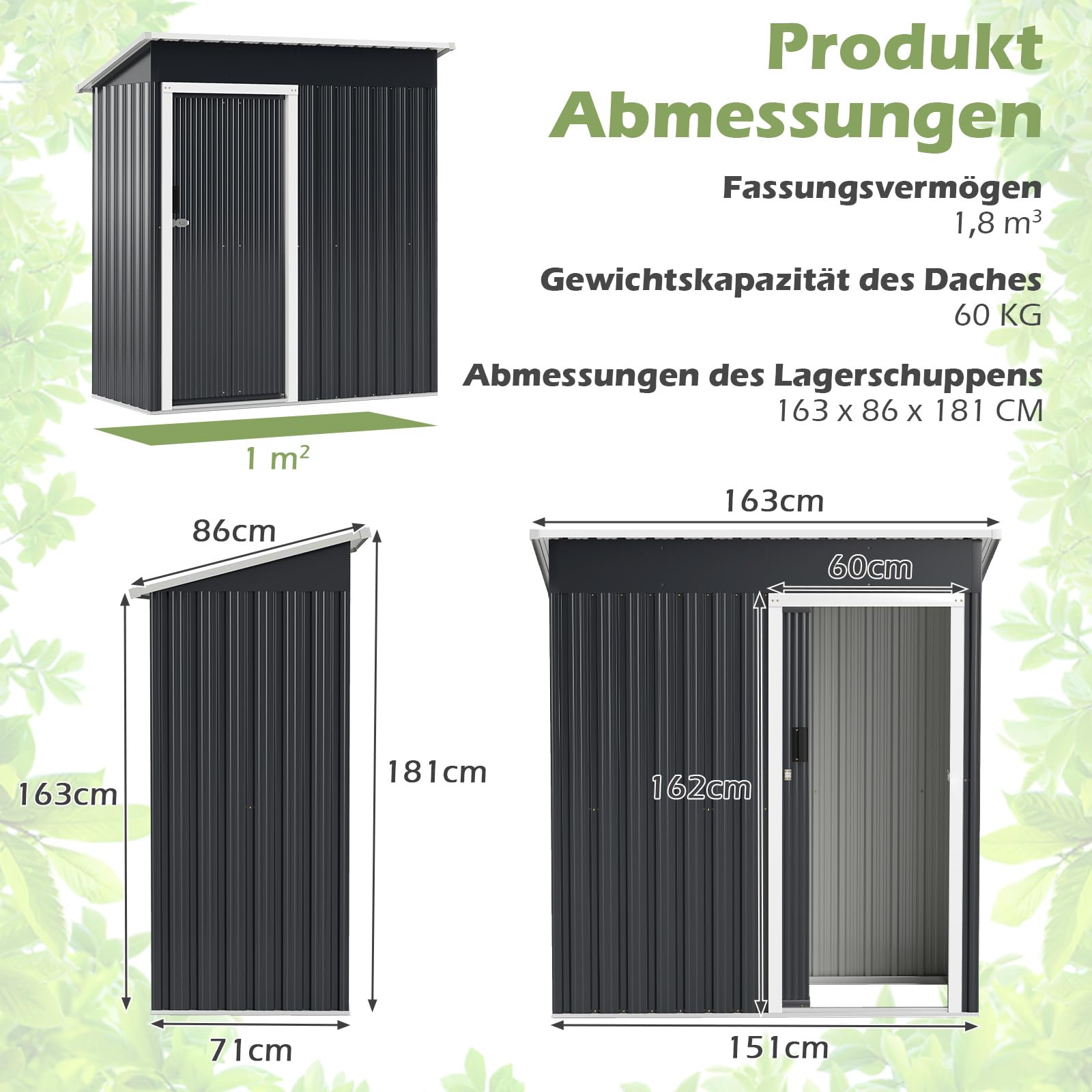 COSTWAY Metalowy domek ogrodowy, 163 x 86 cm, szopa na narzędzia, odporna na warunki atmosferyczne, z zamykanymi drzwiami przesuwnymi i dachem dwuspadowym, domek na narzędzia do użytku na zewnątrz, do