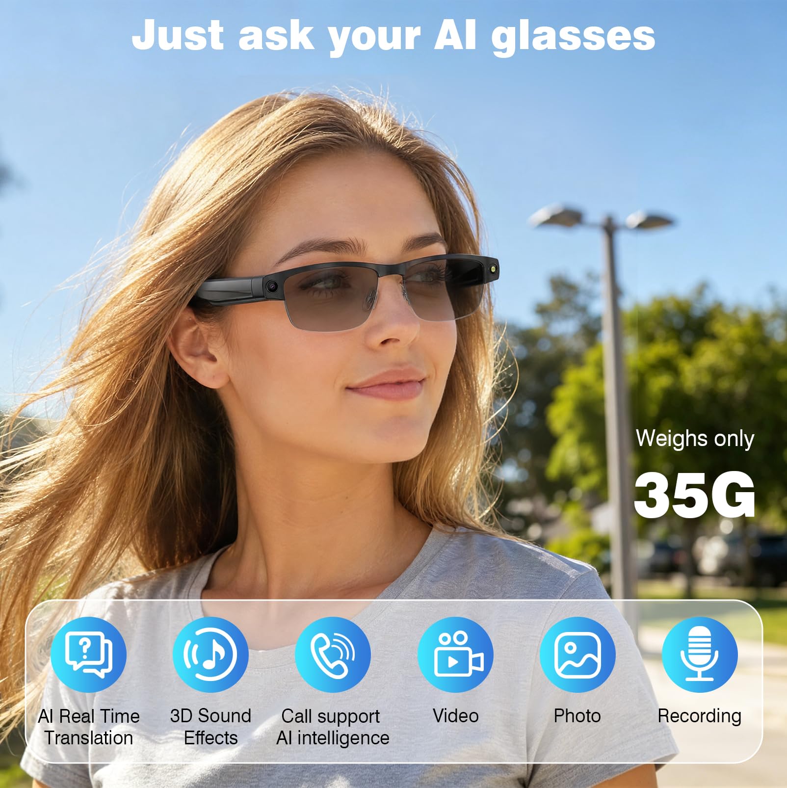 AI Smart Glasses 4K HD-Kamera, 800 W Anti AI Smart Camera Brille, Kamera-Brille mit Videoaufzeichnung, Simultanübersetzung, A-I Objektidentifizierung, ChatGPT Integration, Photochromic Lenses