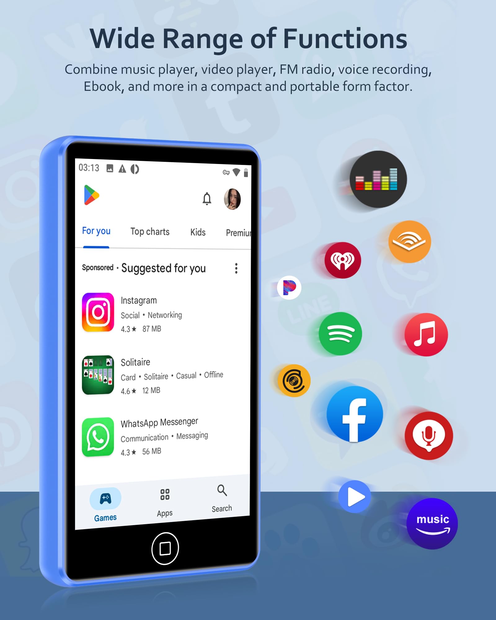 Lettore MP3 Spotify 144 GB con Bluetooth e WiFi, AGXOV MP4 Lettore Musicale con Schermo Touchscreen da 4,02 Pollici, MP3 Android Portatile con Audible, Deezer, Play Store, Blu