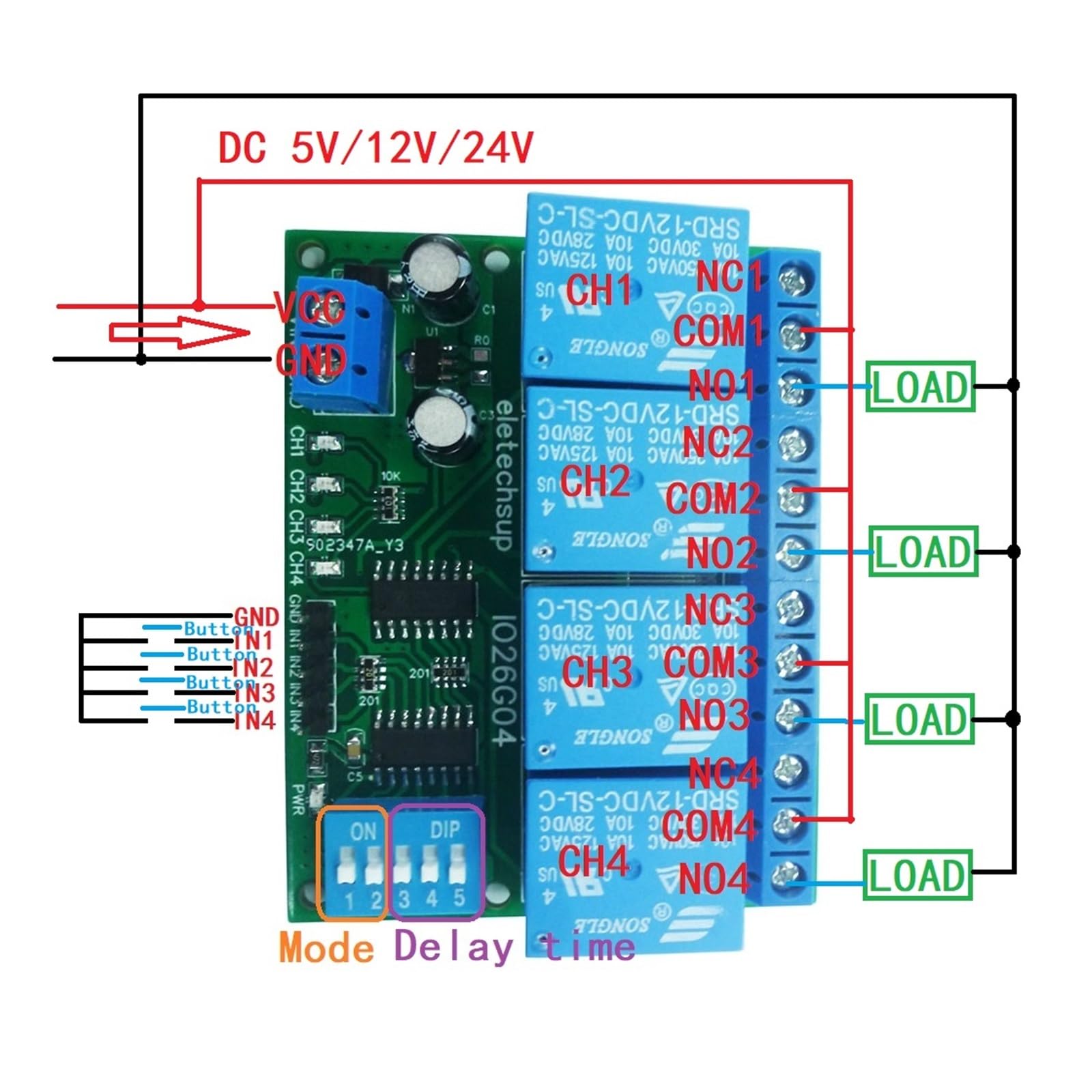 Modulo relè PLC Modulo relè ritardato a 4 canali Interruttore relè DIP DC 5V 12V 24V(24V)