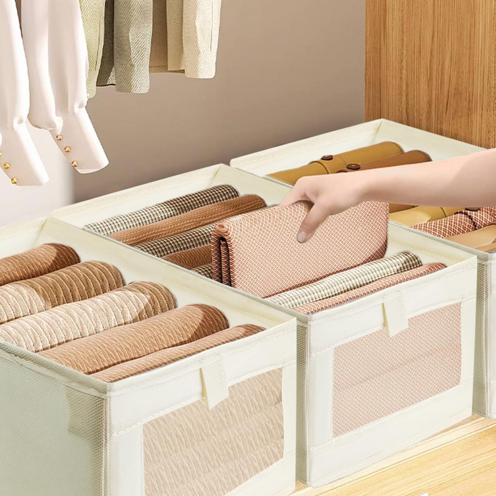 Foldable Closet Organizer Bins, 4-Pack - Beige Mesh Window Storage Baskets | 12.75" X 12.75" X 9" For Clothes, Toys & Linens