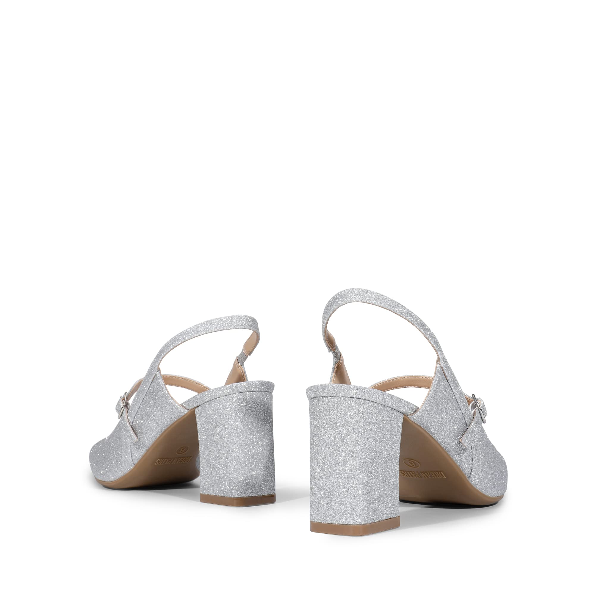 DREAM PAIRS Damskie zamknięte palce grube wysokie obcasy Mary Jane Block Square Toe Slingback Strappy Dress Work Pumps Shoes, Srebrny-brokat, 39 EU