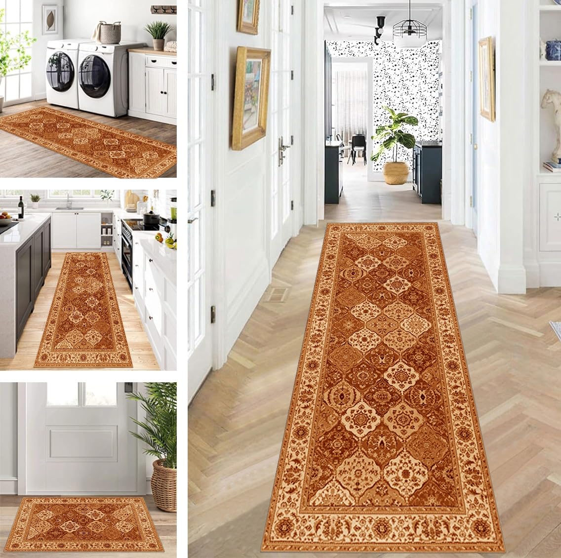 Tapis de couloir, cuisine, long, orange, antidérapant, lavable, design moderne, 40 x 300 cm, tapis de cuisine, vendu au mètre, pour salle à manger, chambre à coucher, salon, anti-salissures