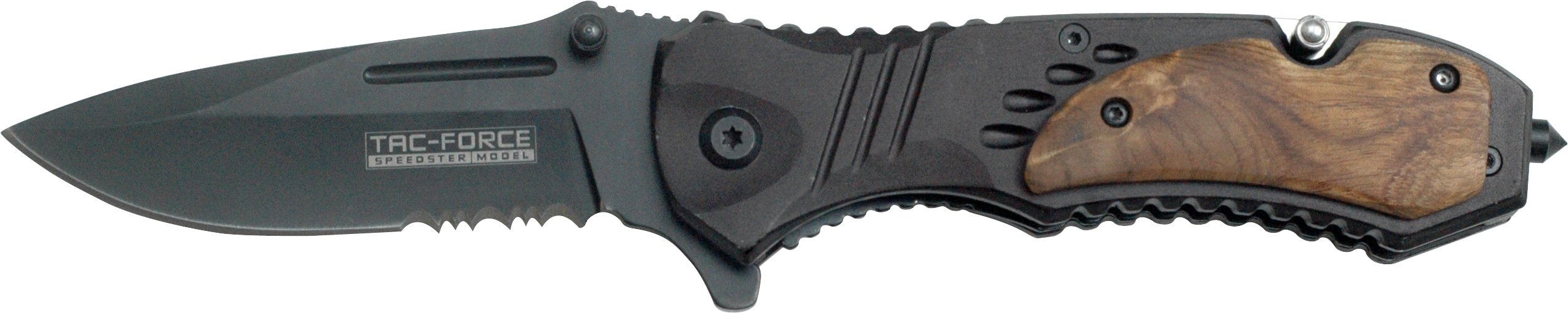 Tac-Force Folding Pocket Knife, 8-inch Total Length, Aluminum Handle with Wood Insert, 3.25-inch Drop Point Black Blade, Camping, EDC - TF-606WS