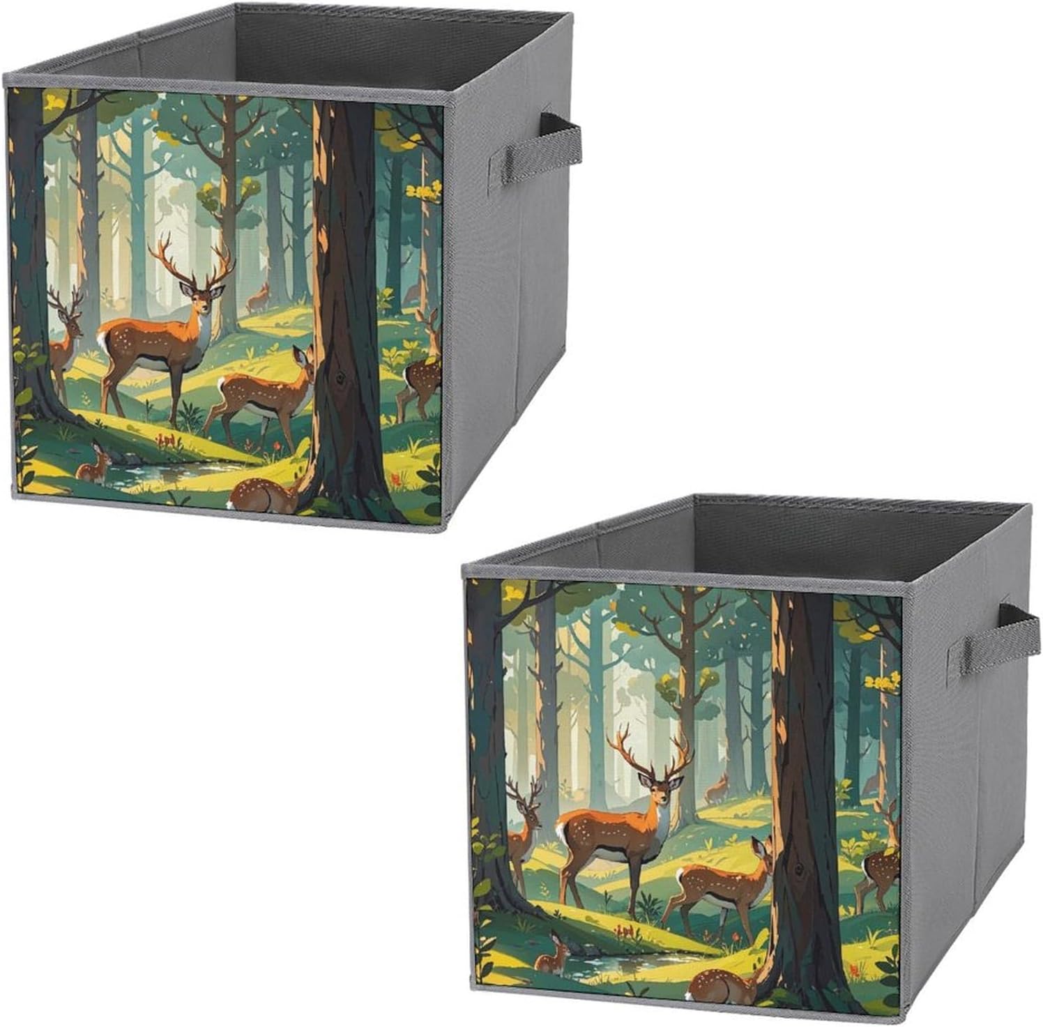 Forest Wildlife Foldable Storage Box with Handles, Durable Oxford Storage Cubes, 2PCS Collapsible Closet Organizer for Home, Shelf, Office, Travel