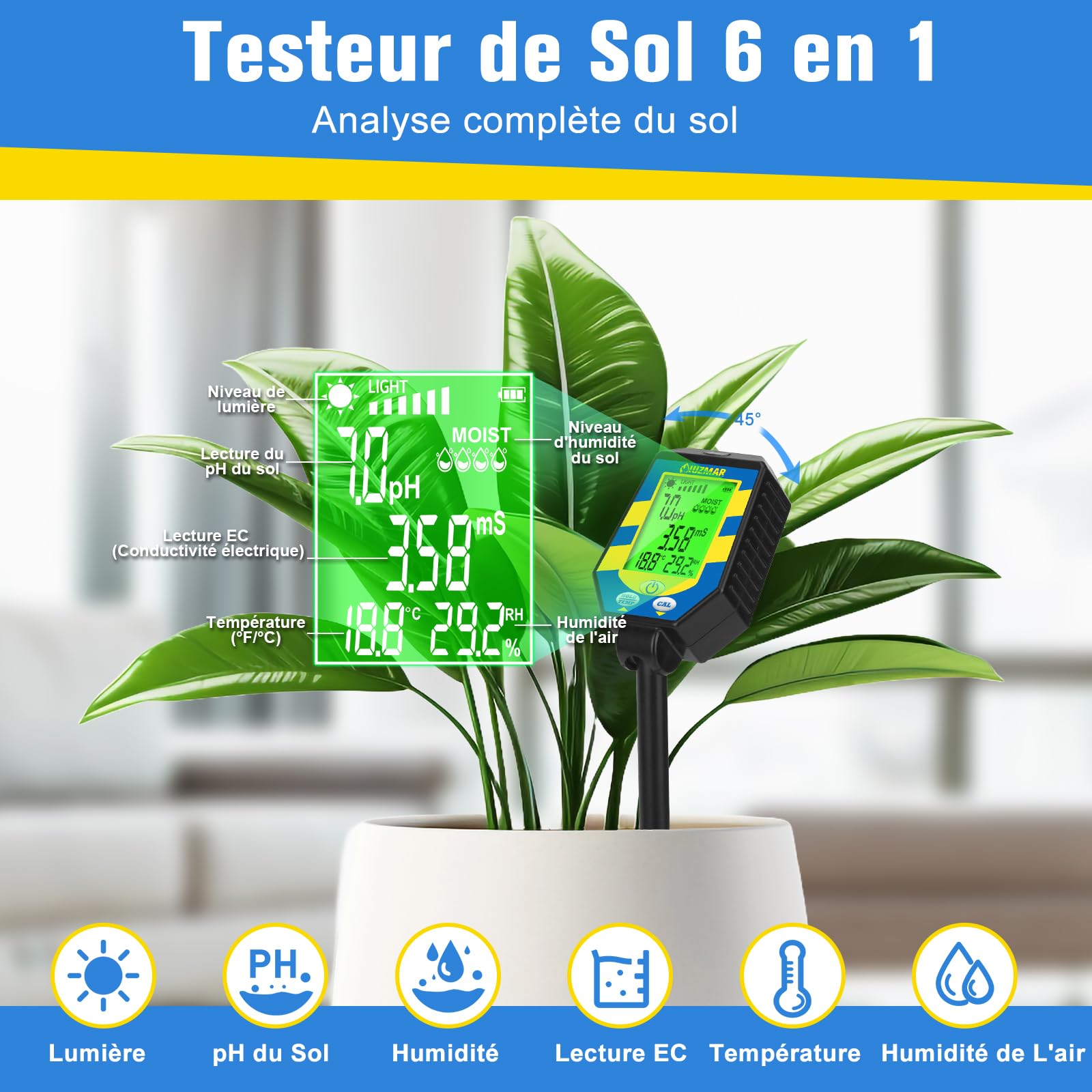 UIUZMAR Kit de Test de Sol, pH Mètre pour Sol 6-en-1 | Moniteur de pH/Humidité/EC/Lumière/Humidité de L'air/Température Testeur pH EC du Sol pour Jardin Serre Hydroponique