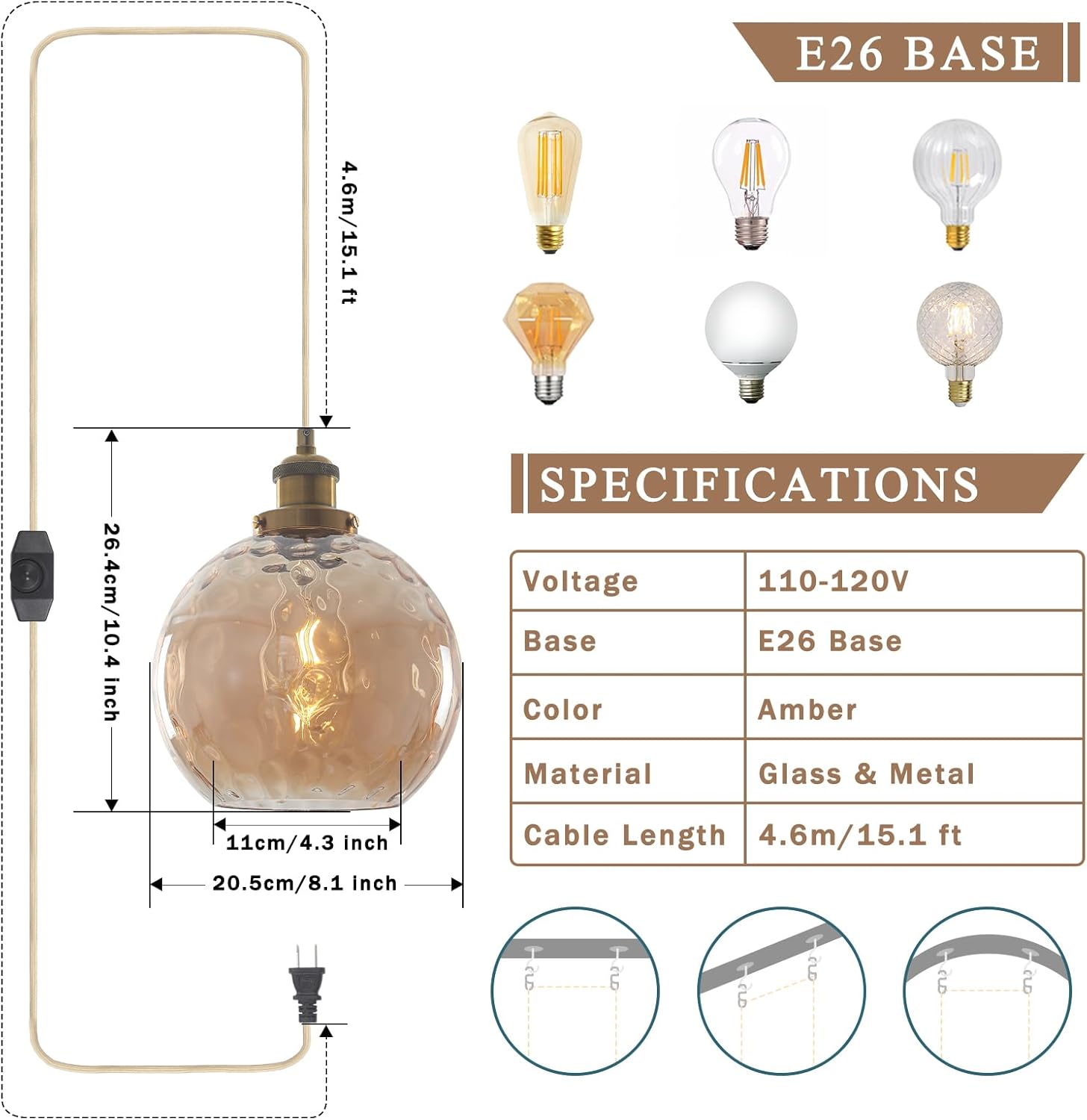 ETONIMERR Plug in Pendant Light, Amber Brown Glass Chandelier Hanging Light Fixture for Dining Room, Outdoor Pendant light with 15ft Cord and Dimmable Switch for Porch Gazebo Kitchen Island Livingroom