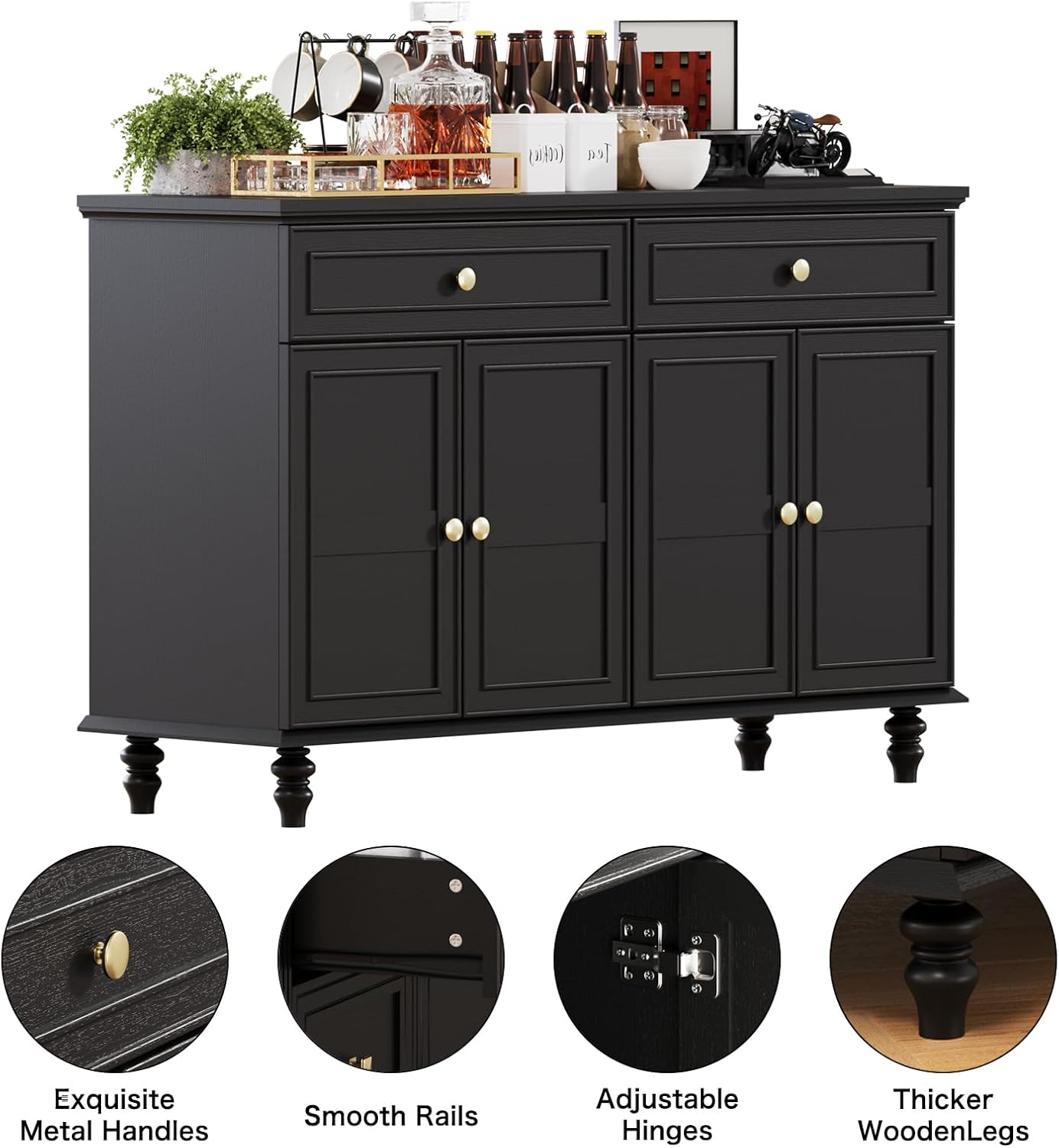 47.6" Buffet Sideboard with 2 Drawers and 4 Doors, Wooden Kitchen Storage Cabinet with Adjustable Shelves, Rustic Top Console Table for Dining Room, Kitchen, or Entryway,Black