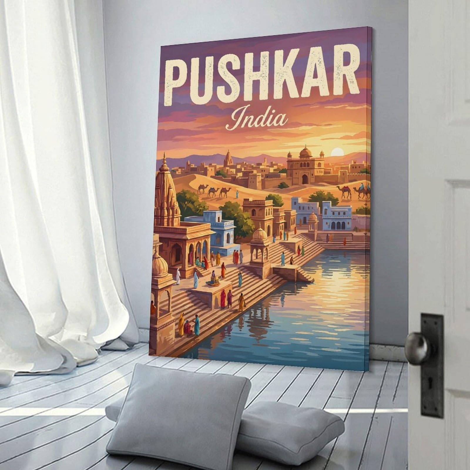 Junmoney Pushkar India Travel Hanging Wall Art, 24x36inch(60x90cm), for Living Room, Bedroom, Office Or Hallway, Decorative Artwork with Broad Appeal