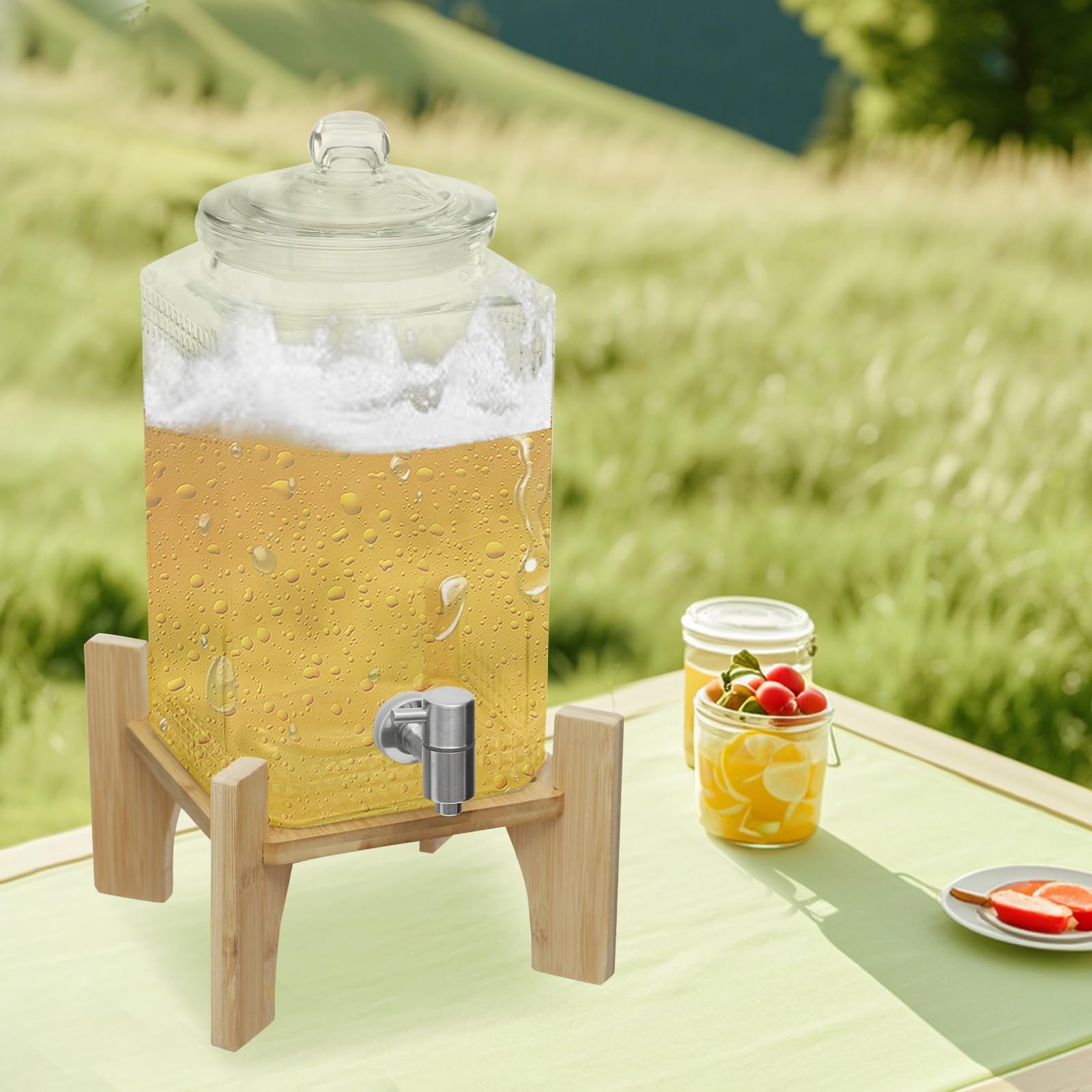 Dispensador de bebidas con grifo, dispensador de agua de cristal, dispensador de zumo con soporte de bambú, dispensador de té helado, dispensador de limonada para restaurantes, hoteles, fiestas