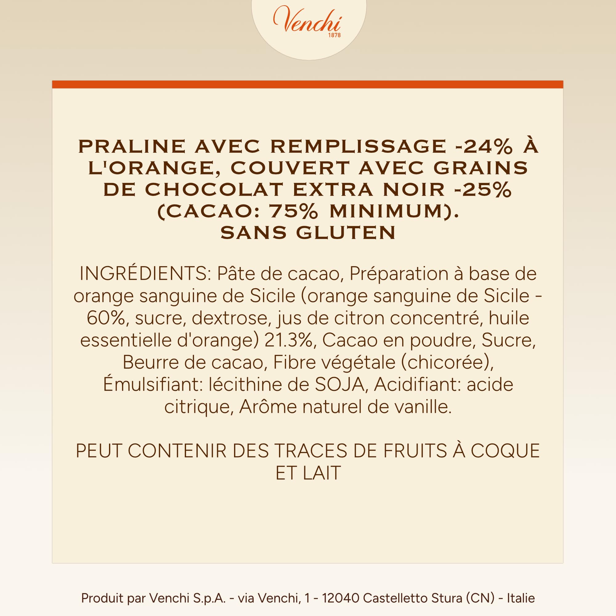 Venchi - Chocoviar Arancia - Chocolat Extra Noir Fourré à l’Orange Sanguine, 1 kg - Sans Gluten - Végétalien
