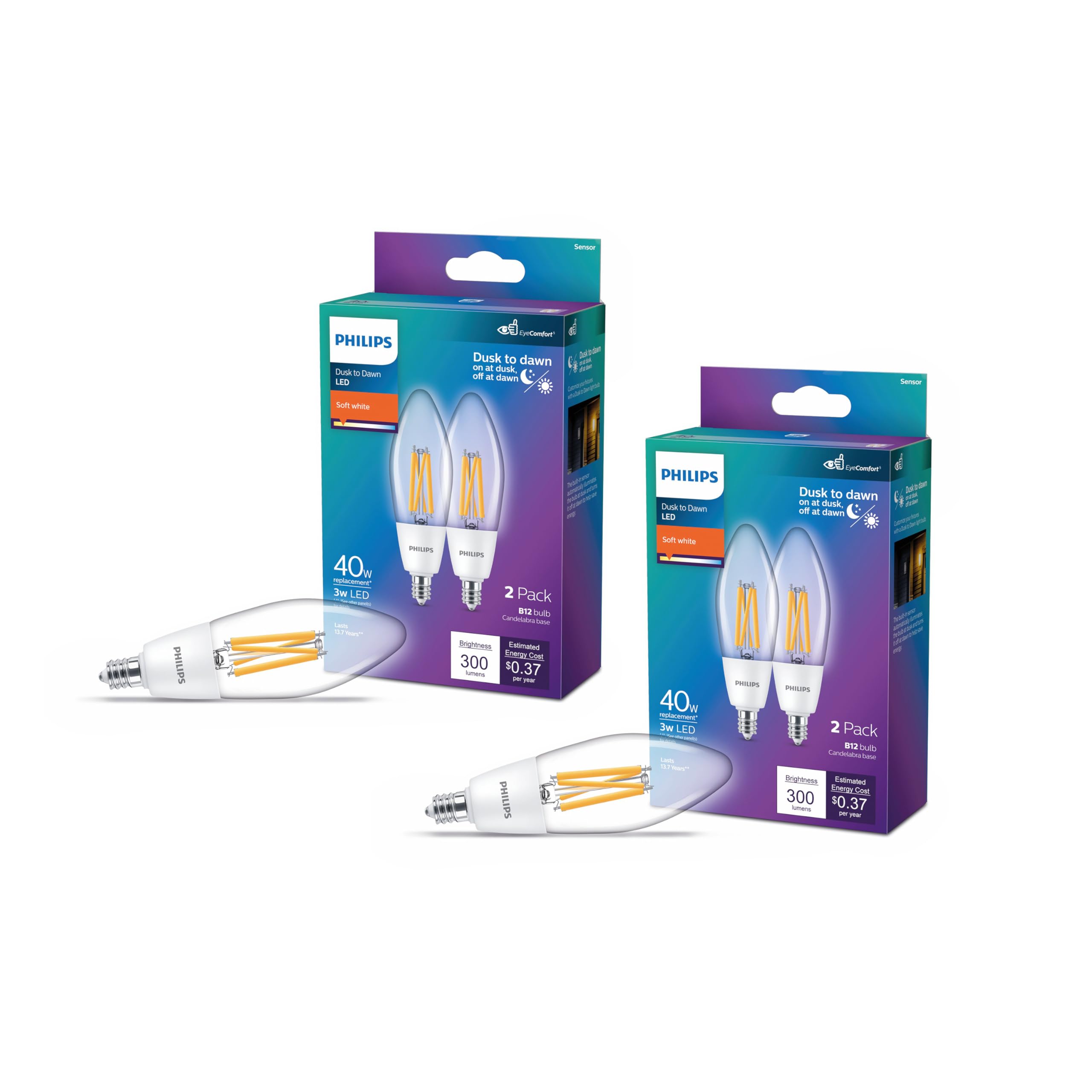 PHILIPS LED 40W B12 4-Pack Dusk to Dawn Soft White (2700K) 300