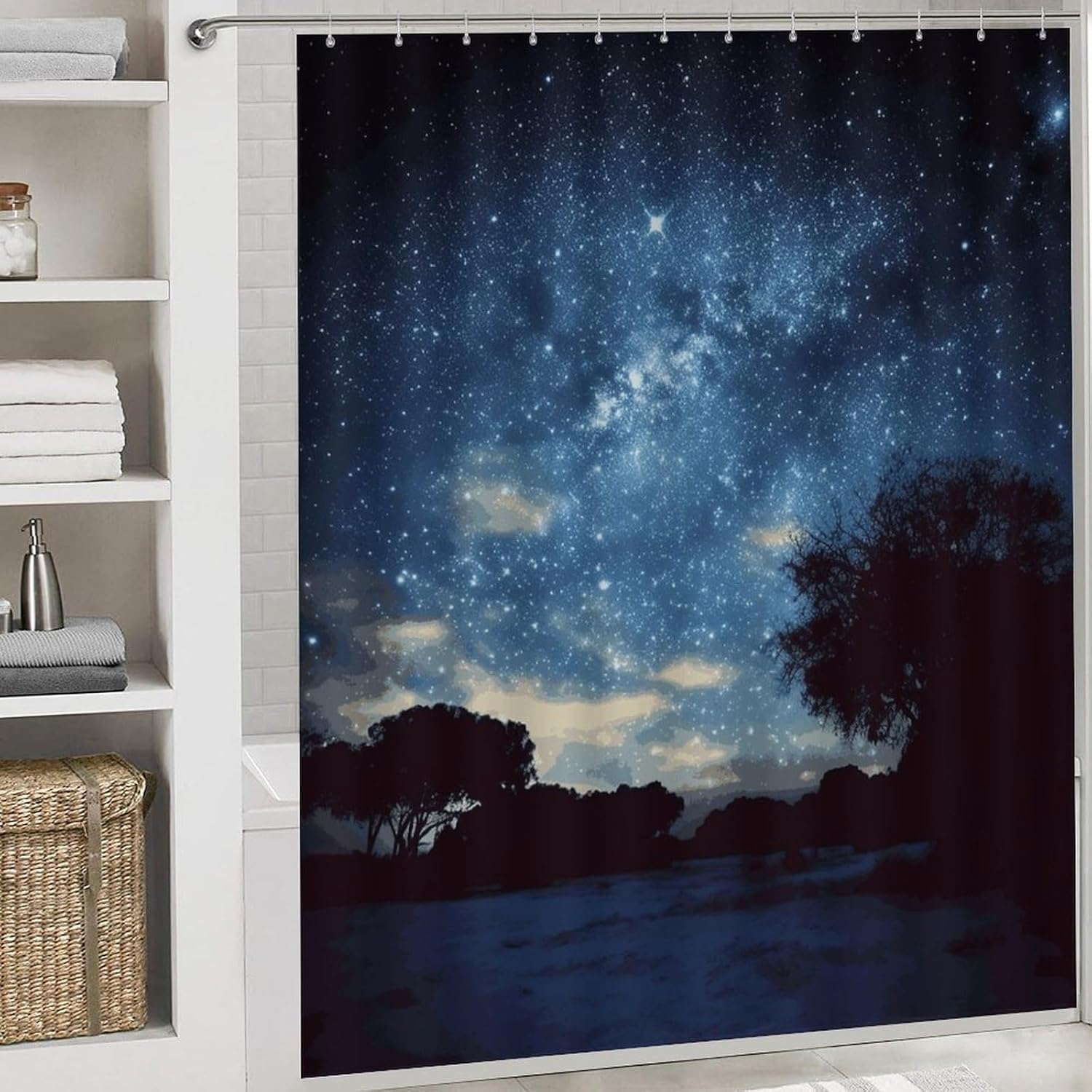 Night Sky with Trees Shower Curtain Set 4 Piece, Non-Slip Bath Mat with Toilet Lid Cover and Waterproof Shower Curtain with 12 Hooks, Complete Bathroom Set for Home Decor
