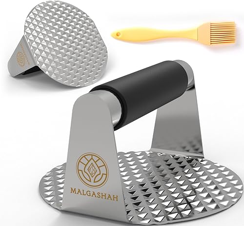 Smash - Prensa para hamburguesas de 5.5 pulgadas, profesional antiadherente de acero inoxidable con mango antiquemaduras + cepillo para untar,