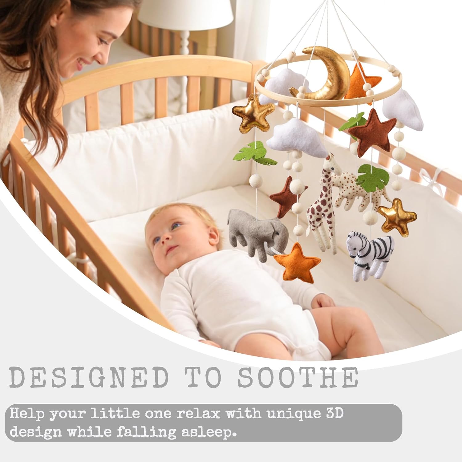 Moyii Baby Crib Mobile for Nursery - Handmade Felt Safari Animals Hanging Mobile - Giraffe Elephant Zebra Ceiling Decor for Boys Girls - Gold Moon Jungle - Newborn Baby Shower Gift