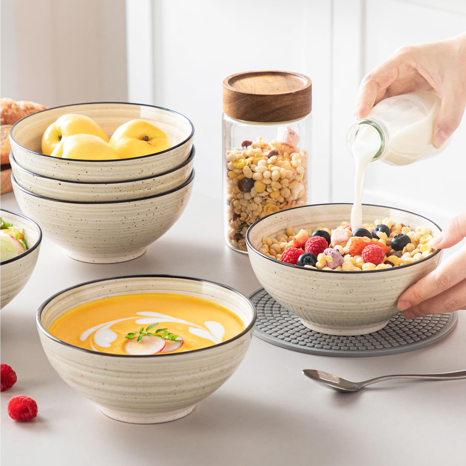 vancasso BONBON Steinzeug-Schüsselset 6-teilig (840 ml, 16,3 x 7,2 cm): Suppen-, Salat-, Pasta- & Müslischalen – Vielseitige Keramikschalen für Küche, Haushalt und Gastronomie, Beige