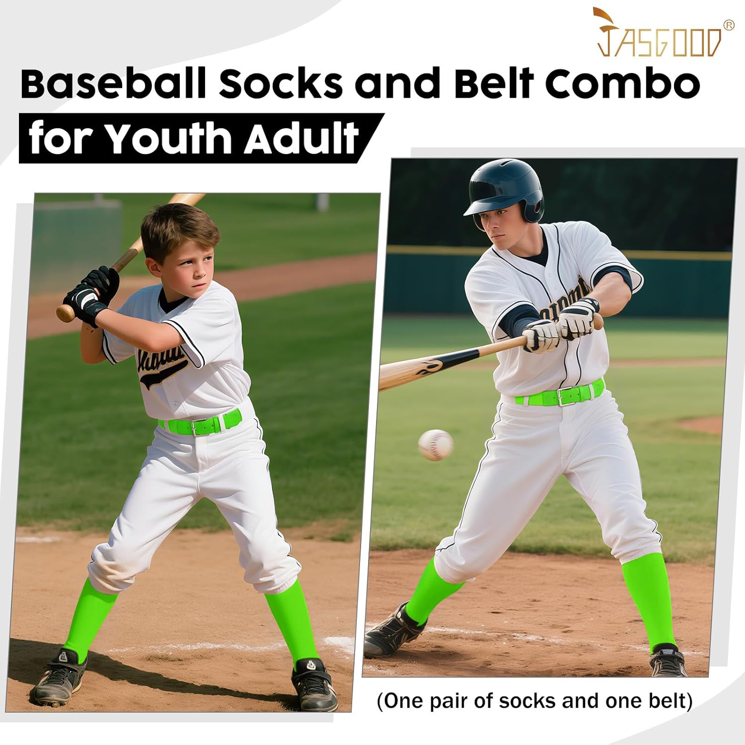 JASGOOD Baseball Socks and Belt Combo for Youth Adult Softball Socks and Elastic Belt for Boys Girls - Image 2