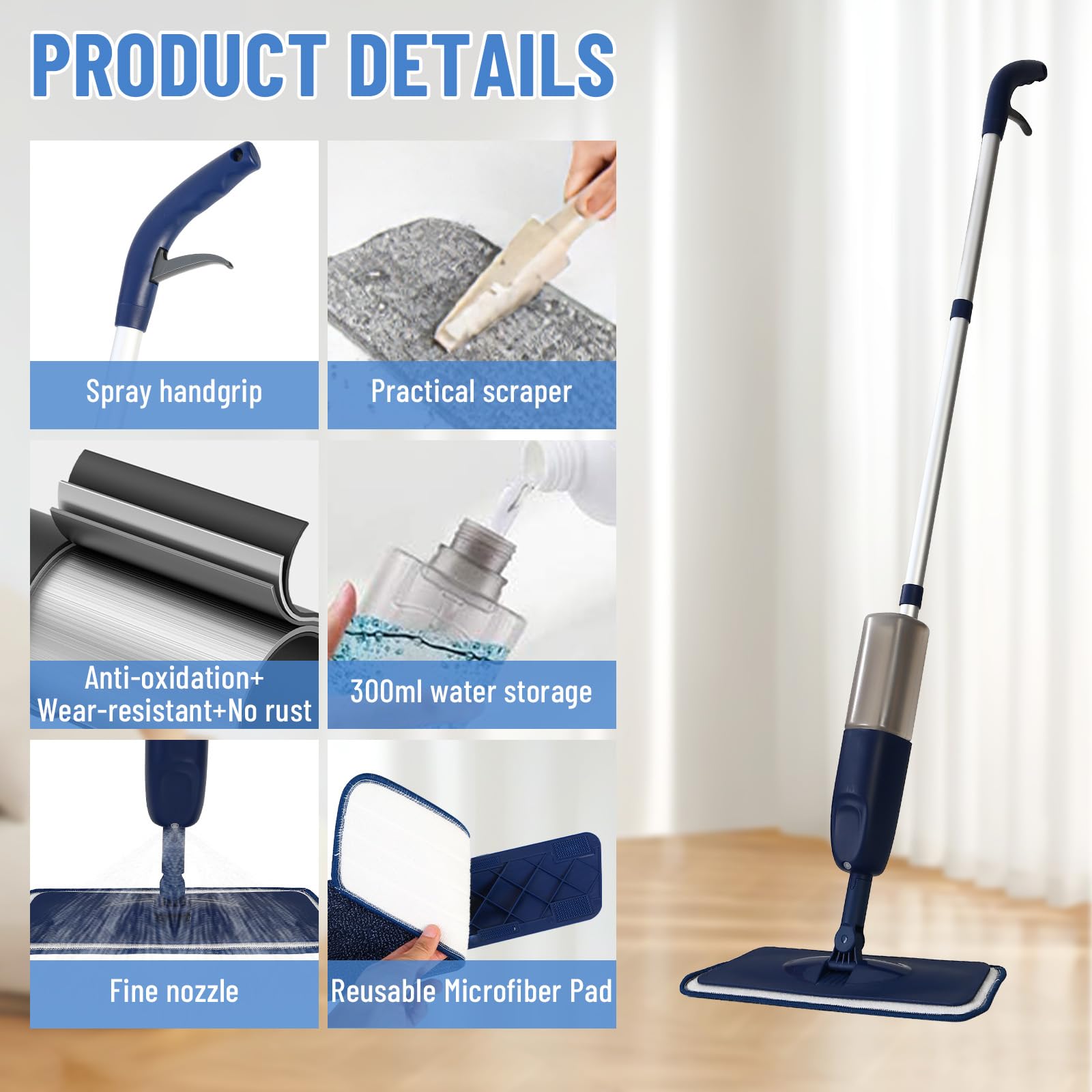 Mop z rozpylaczem, Mikrofibrowy mop z rozpylaczem z pojemnikiem do domu, kuchni, podłóg drewnianych, laminowanych, ceramicznych (Niebieski - 500 ML - 3 Podkładki)