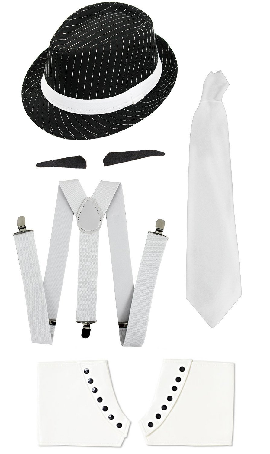ILOVEFANCYDRESS GANGSTER ACCESSORY SET BLACK PINSTRIPE TRILBY HAT + THICK WHITE BRACES + WHITE TIE +SPIV TASH + SPATS 5 PIECE GANGSTER COSTUME SET