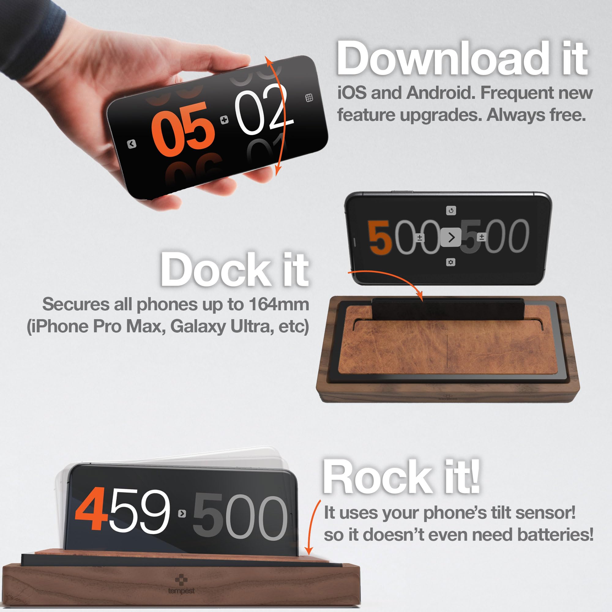 Tempest Deluxe Chess Clock: Zegar szachowy z litego orzecha i prawdziwej skóry, aplikacja iOS/Android