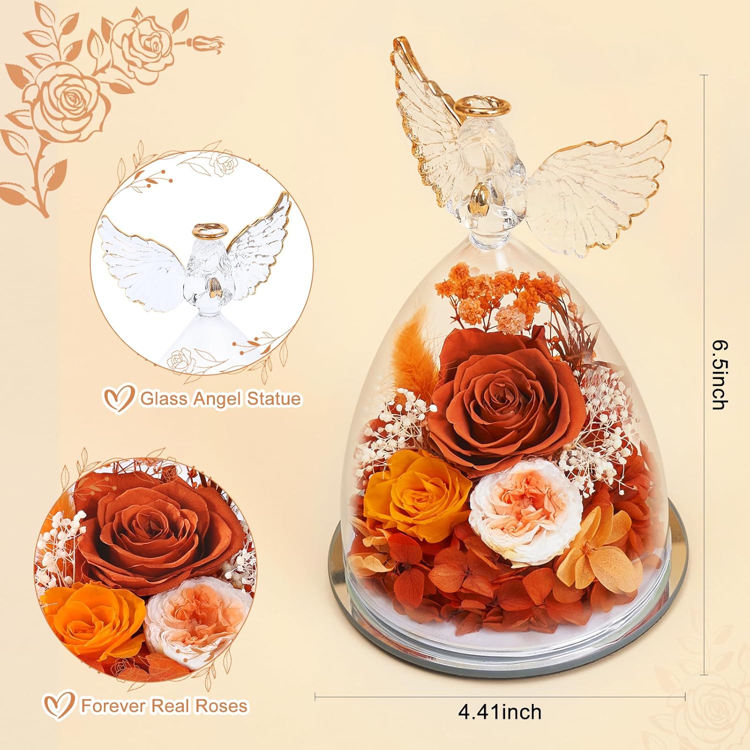 FIACO Gifts for Women Mom Preserved Rose Forever Flower in Glass Angel Figurine Fresh Flowers for Delivery Birthday Gifts for Grandma Wife Sister Christmas Anniversary Eternal Roses - Image 2