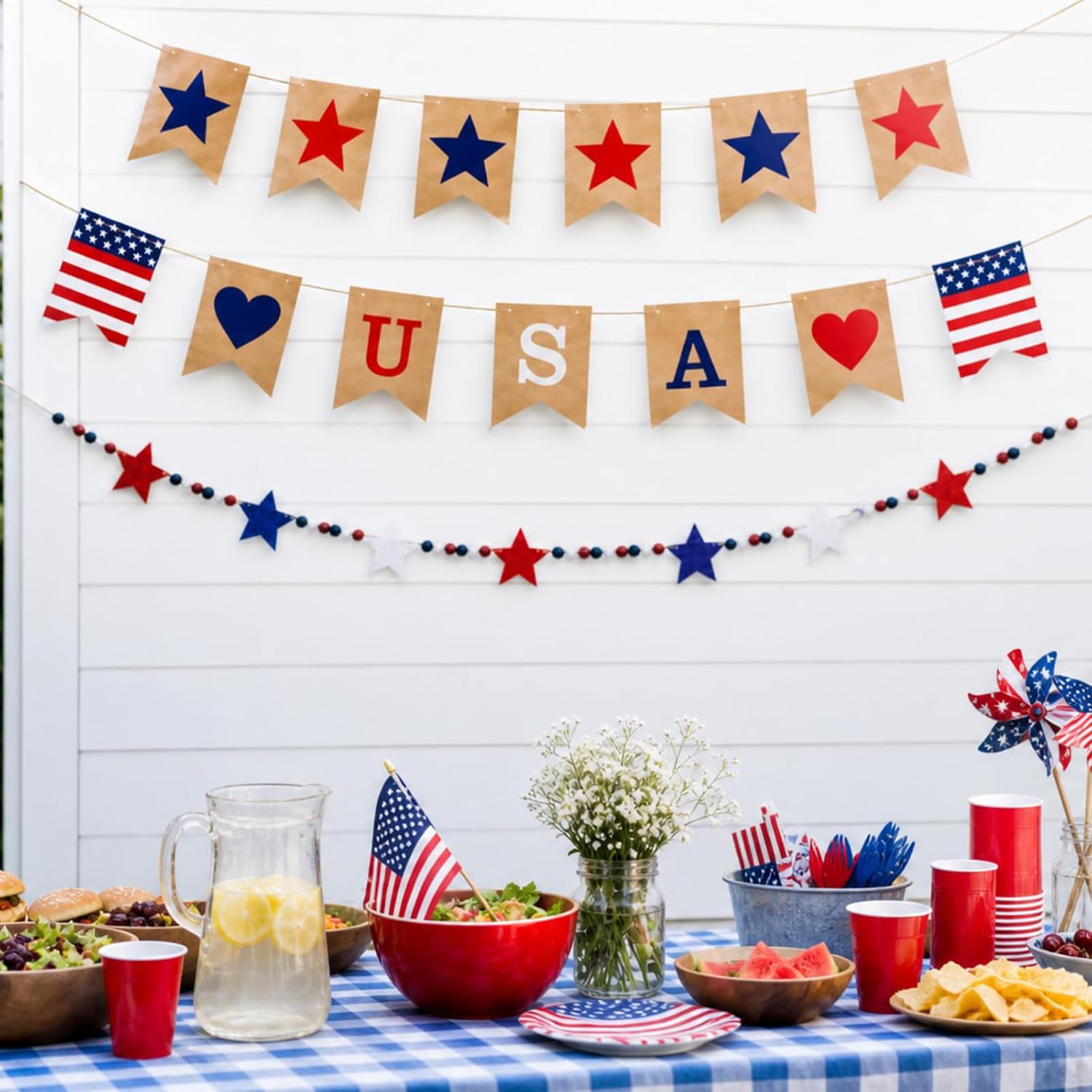 SmoothNovelty 2 Sets 250th Anniversary Wooden Red and Blue Star Felt Bead Wreath Banner Pull Flag Banner Independence Day Decoration for 4th of July Decorations Wreath Decor