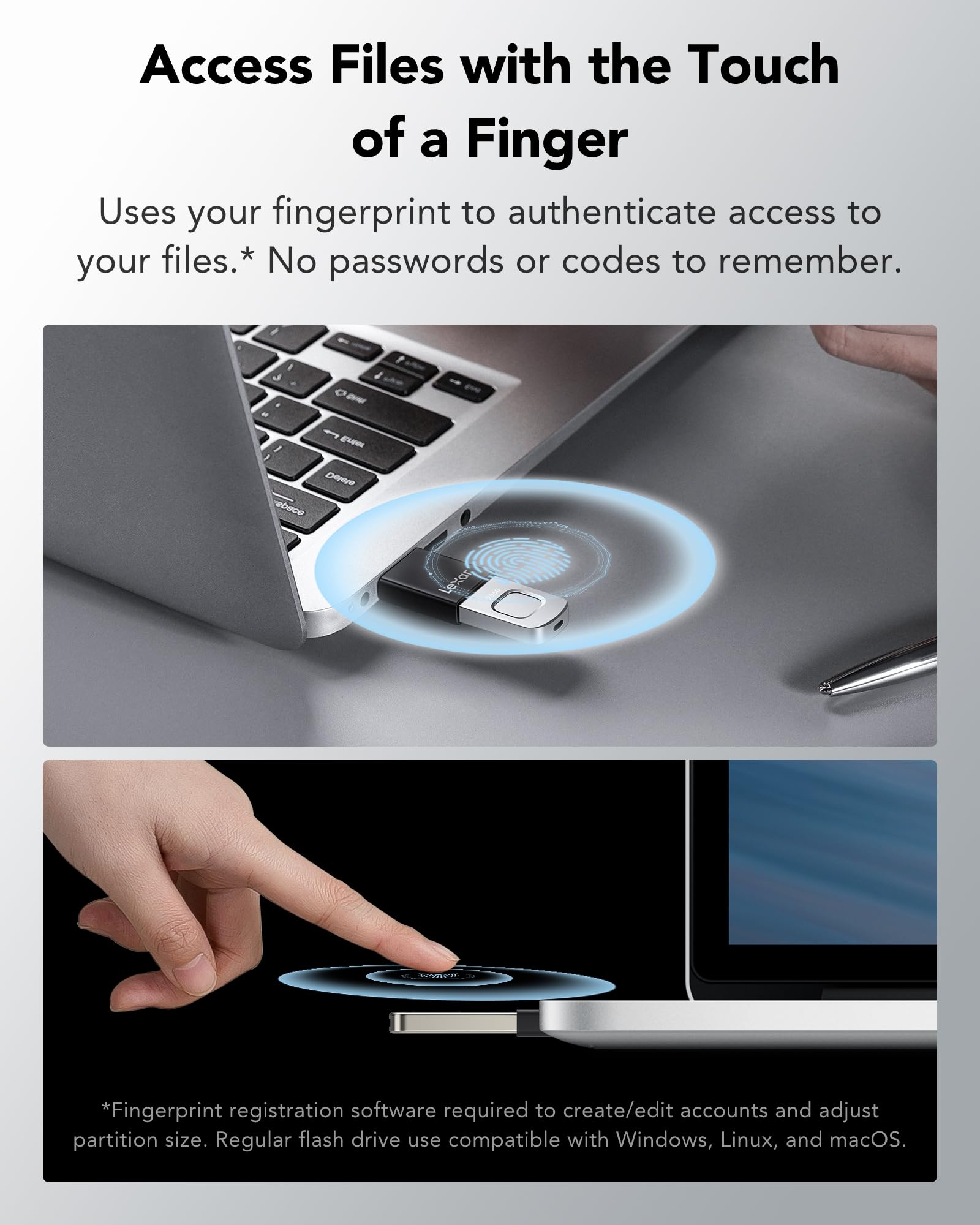 Lexar JumpDrive Fingerprint F35 PRO - Chiavetta USB 3.2 Gen 1 da 256 GB, fino a 400/350 MB/s in lettura/scrittura, espansione e backup dell'archiviazione, AES a 256 bit e crittografia delle impronte
