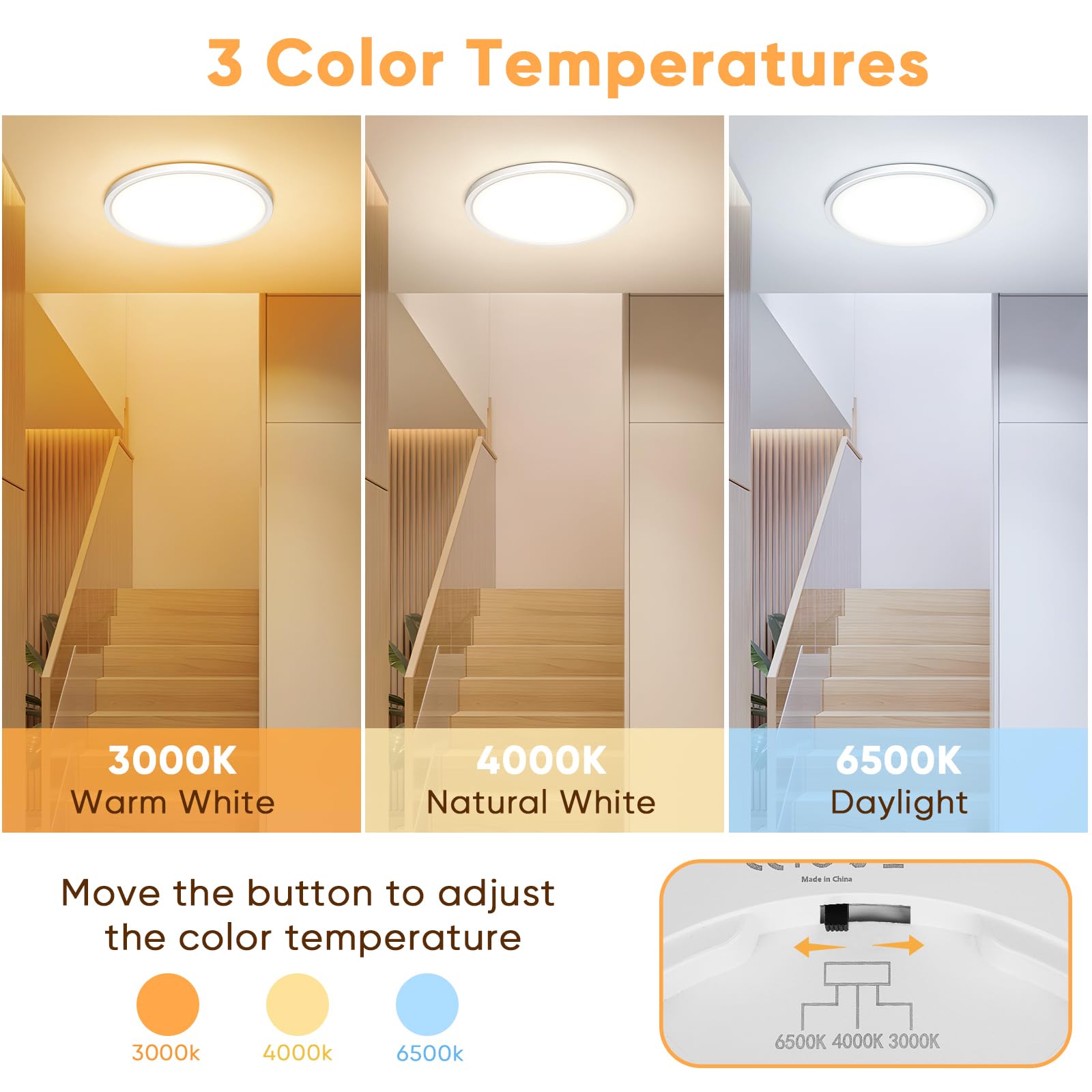 NIBSHOOM Plafonnier LED avec Détecteur de Mouvement, 3000K/4000K/6500K 24W Étanche IP44 Lampe de Plafond Rond, équipé d’un Détecteur de Radar, adapté pour Couloir, Escalier et Garage, 30 cm